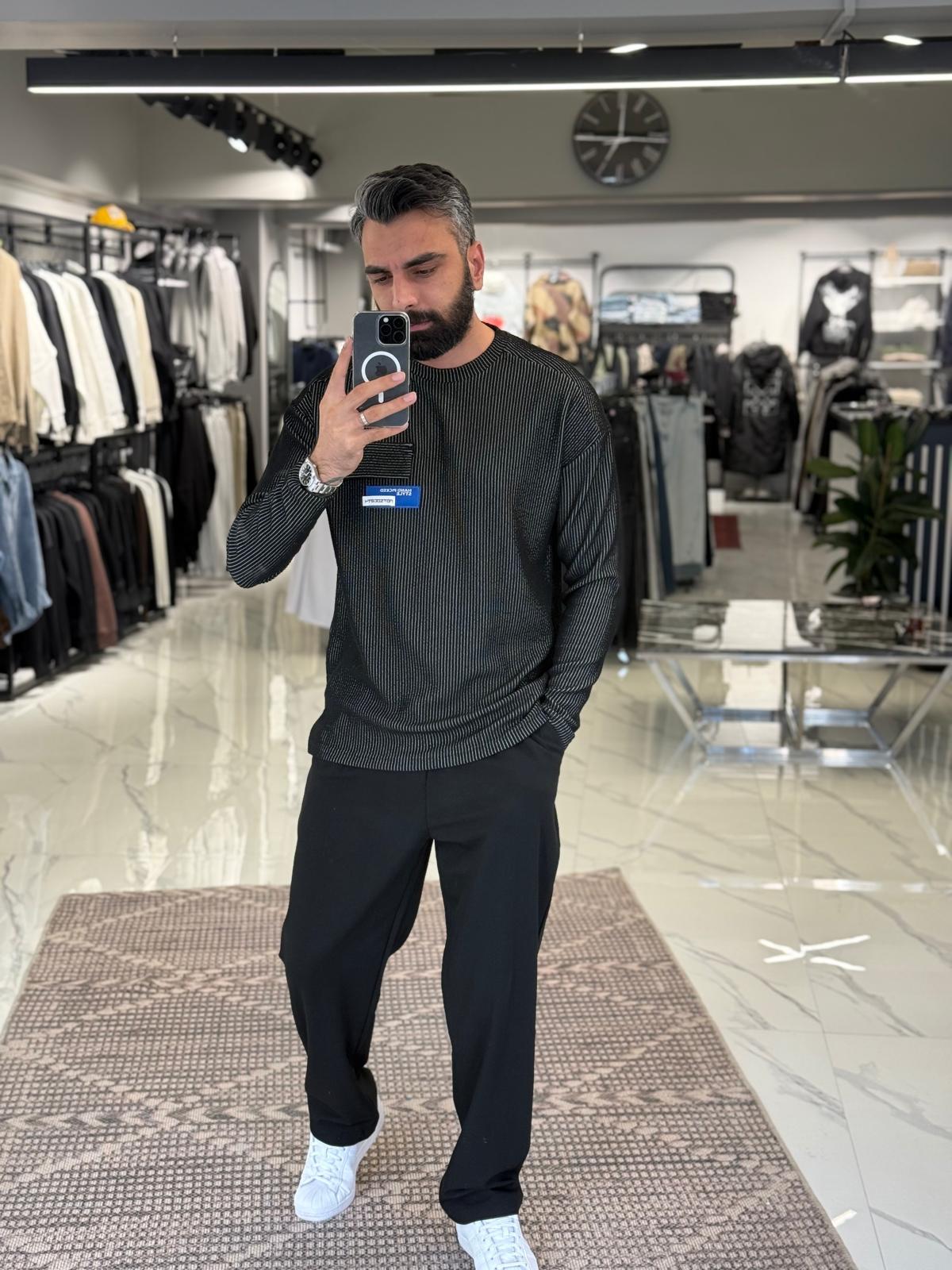 Fitilli İnce Sweatshirt Siyah