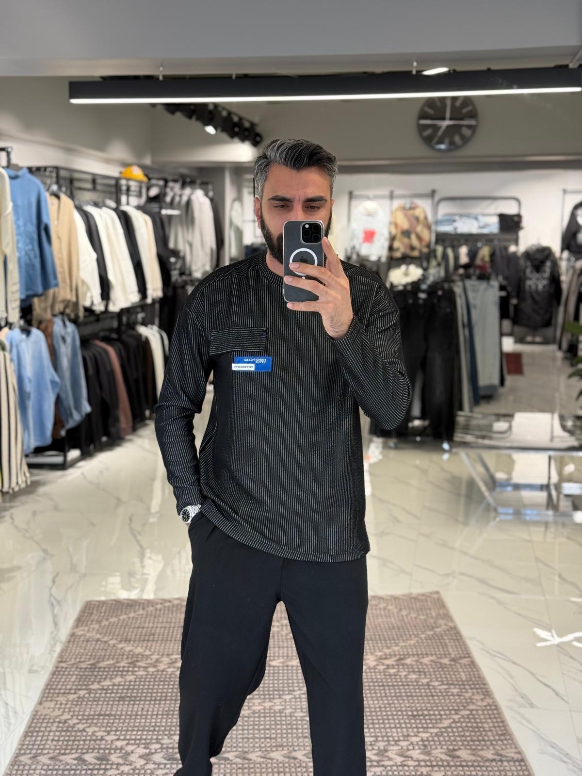 Fitilli İnce Sweatshirt Siyah