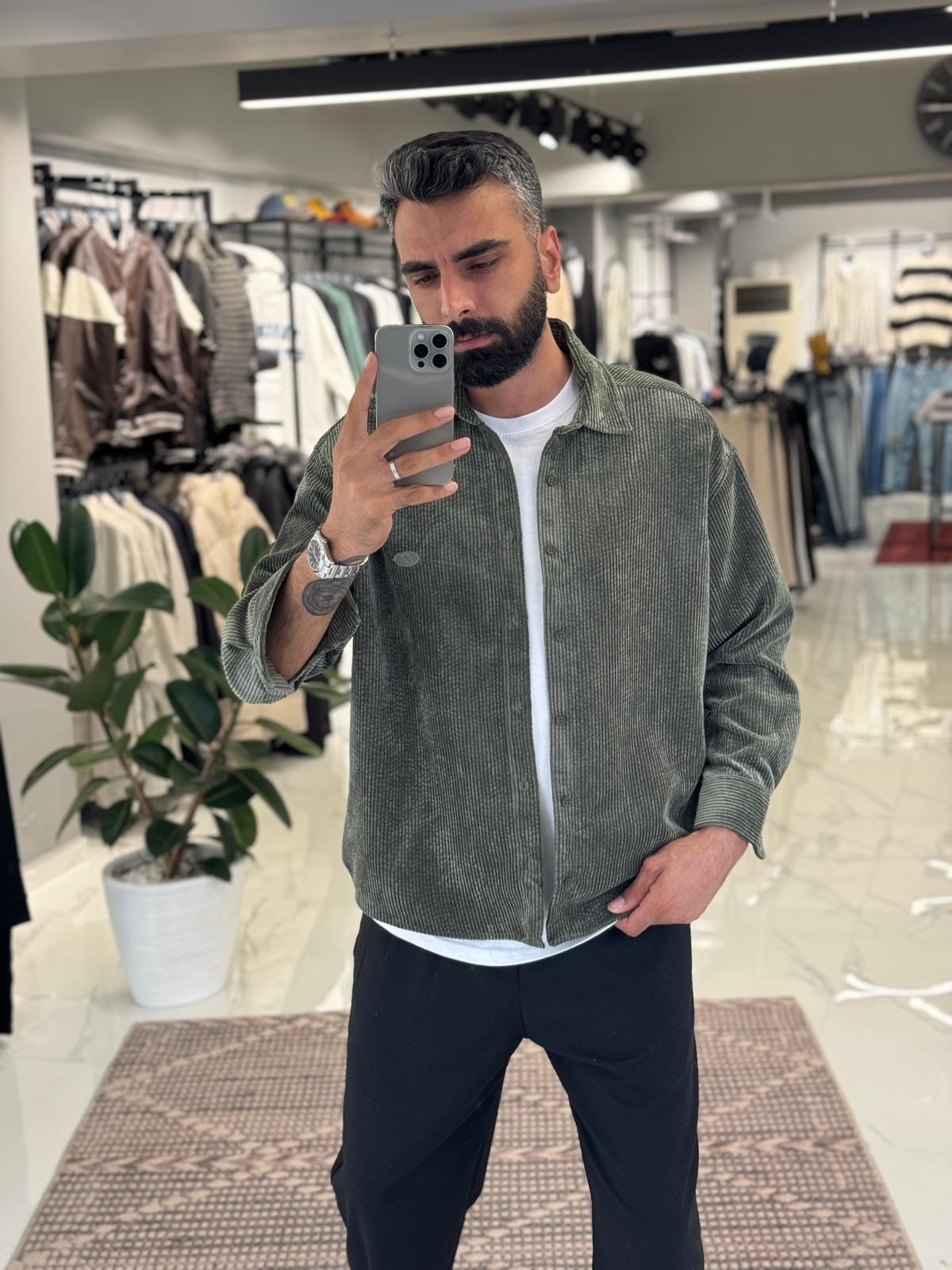 Fitilli Kadife Gömlek Haki