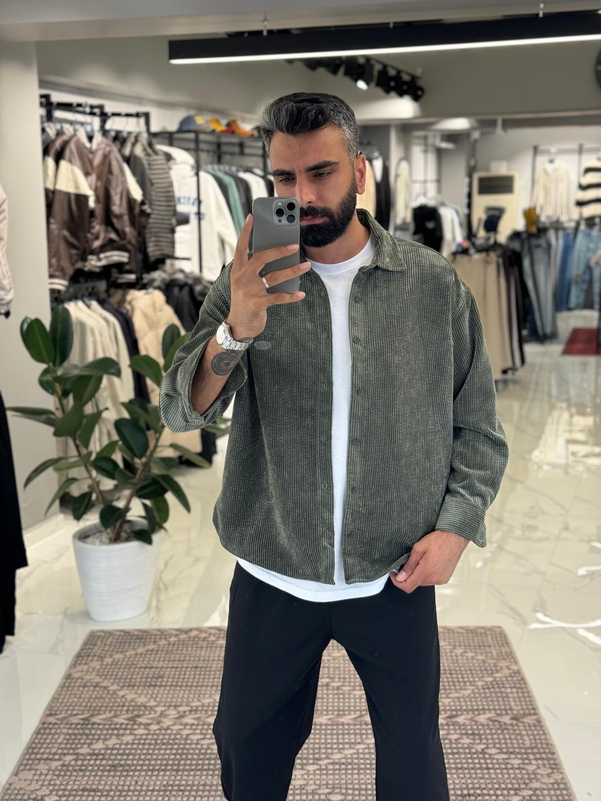 Fitilli Kadife Gömlek Haki