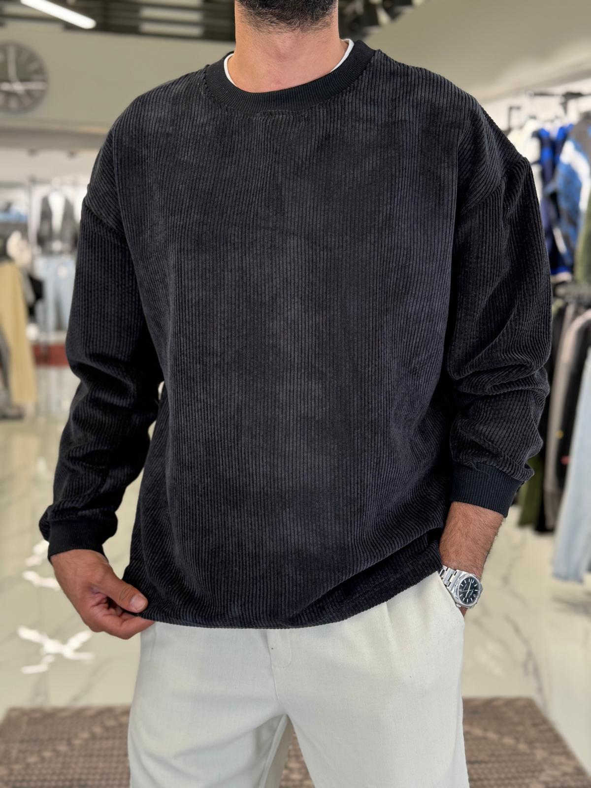 Fitilli Kadife Sweatshirt Siyah