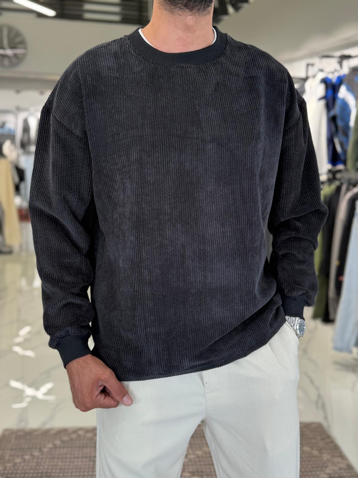 Fitilli Kadife Sweatshirt Siyah