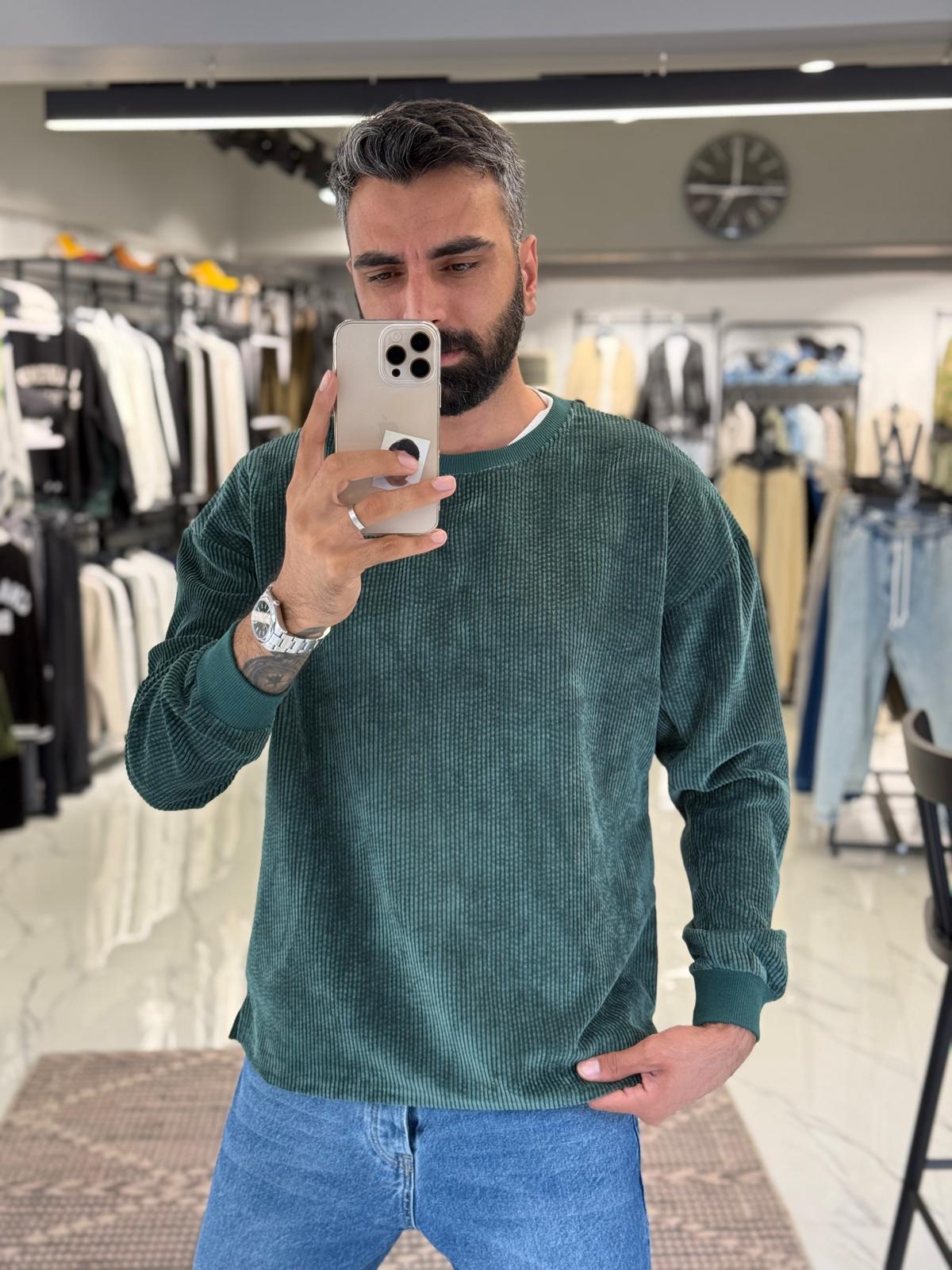 Fitilli Kadife Sweatshirt Yeşil