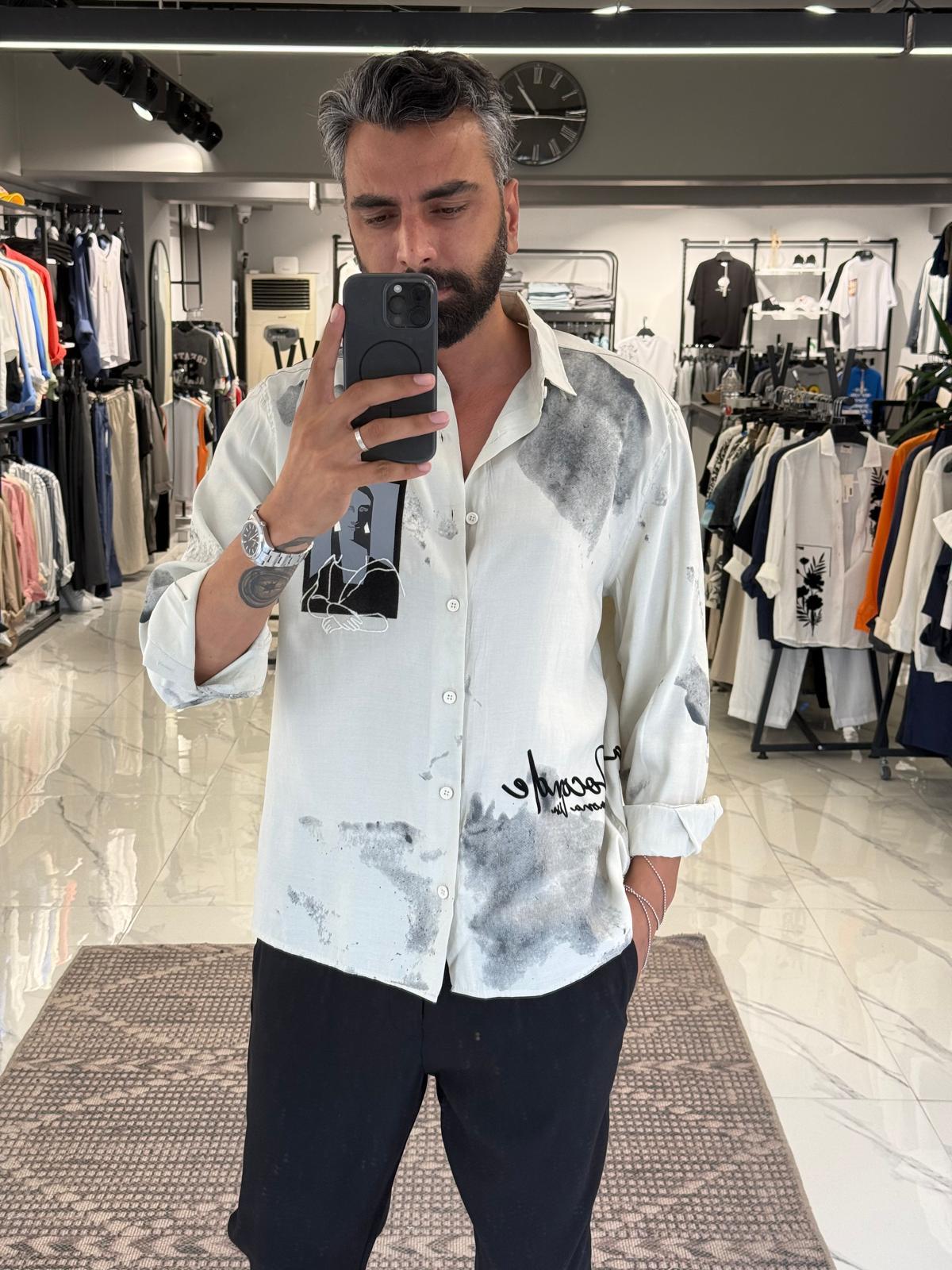 Flok Baskılı Modal Kumaş Gömlek Beyaz
