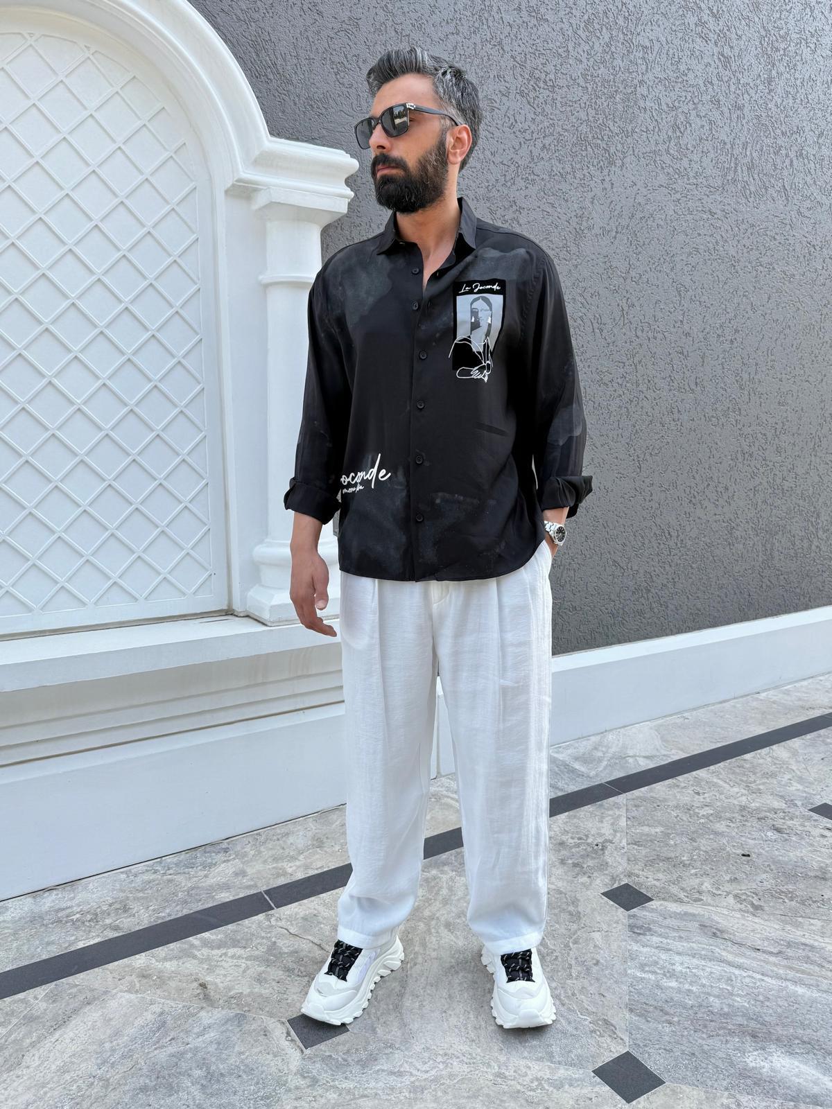 Flok Baskılı Modal Kumaş Gömlek Siyah