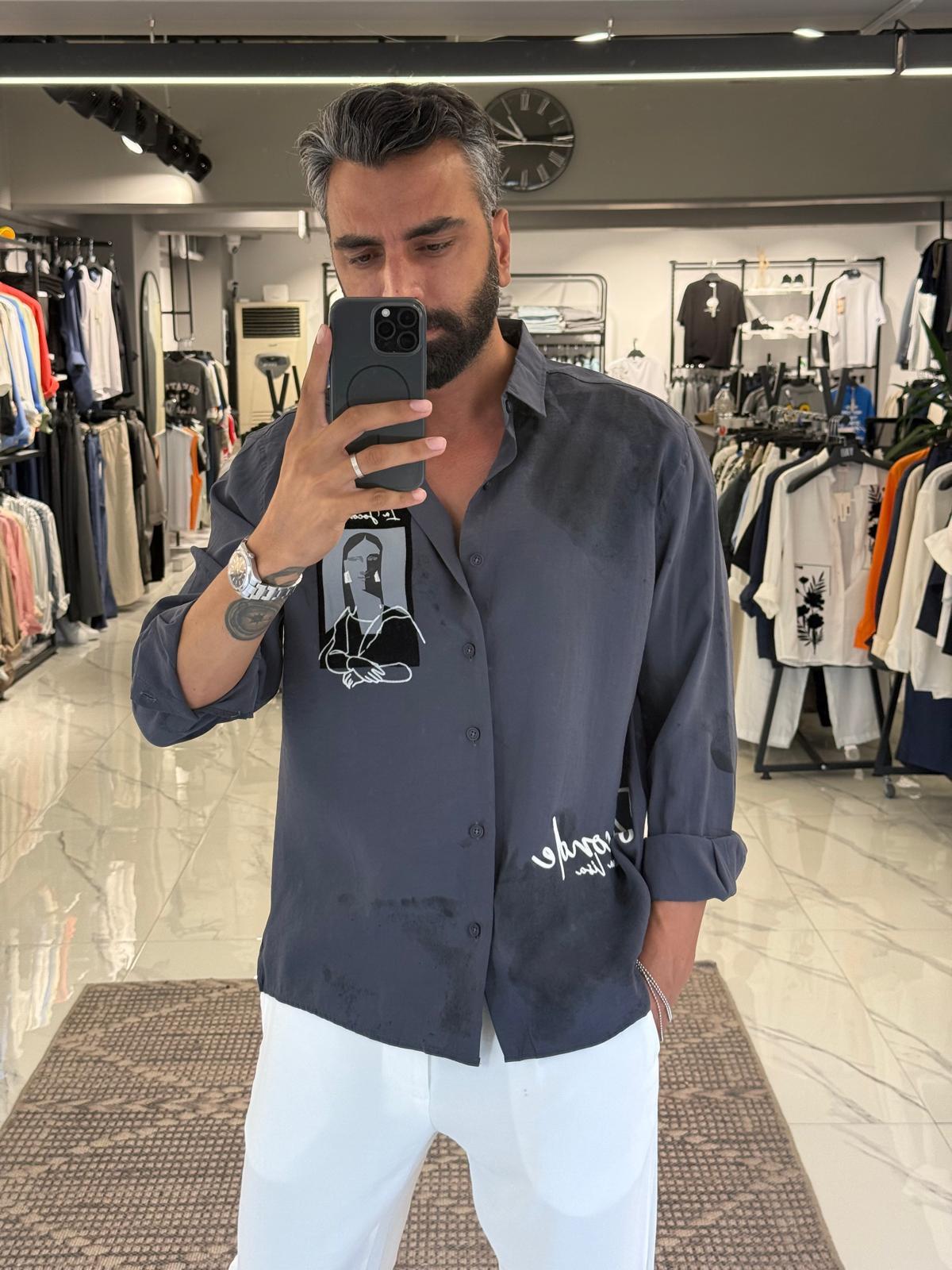 Flok Baskılı Modal Kumaş Gömlek Siyah