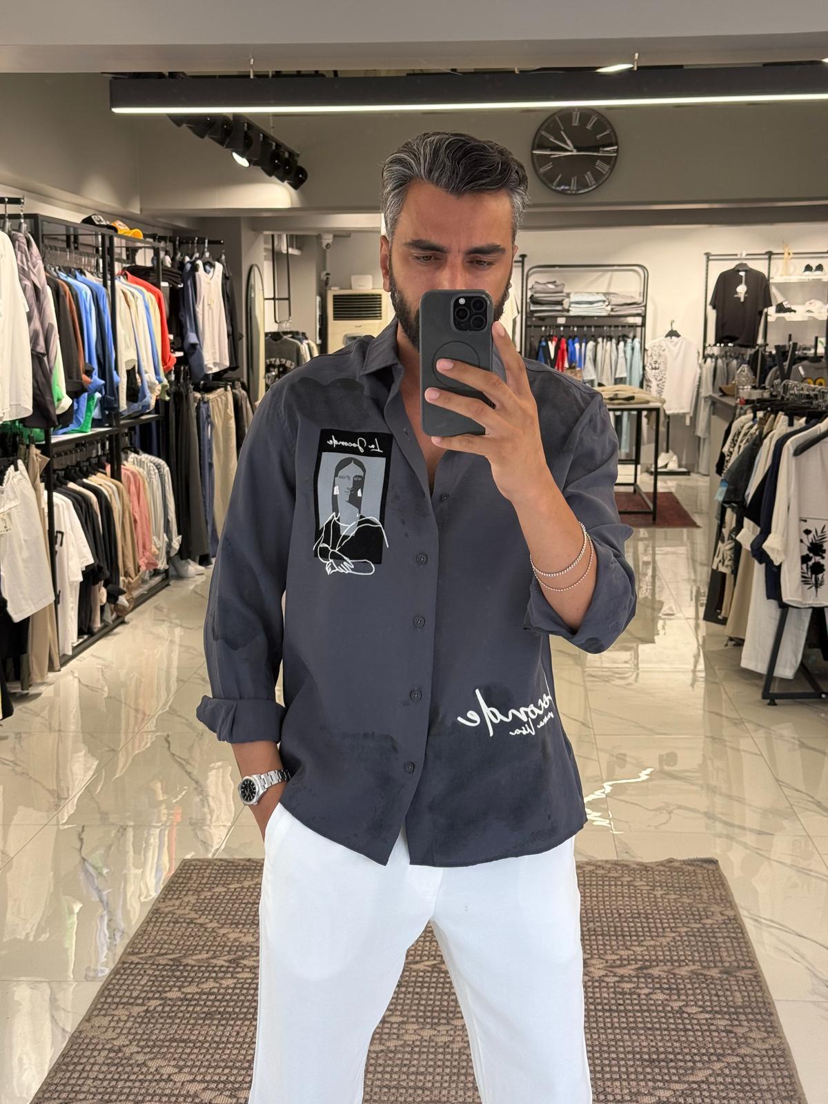 Flok Baskılı Modal Kumaş Gömlek Siyah