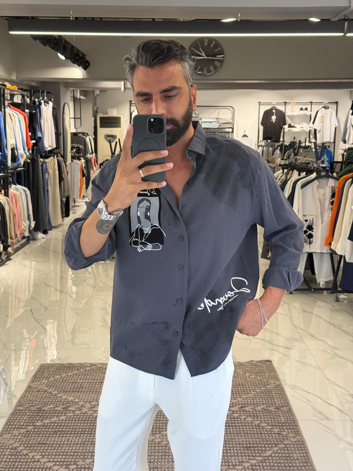 Flok Baskılı Modal Kumaş Gömlek Siyah
