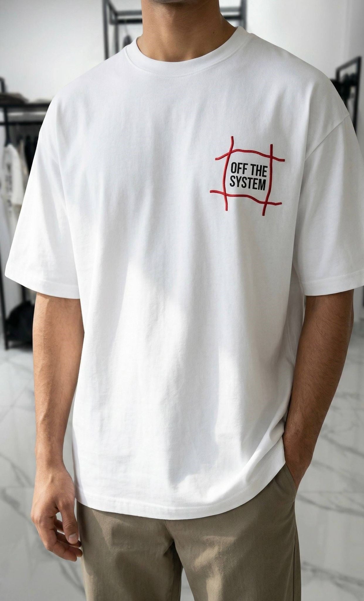 İkon Kareler Baskı Oversize Tişört Beyaz