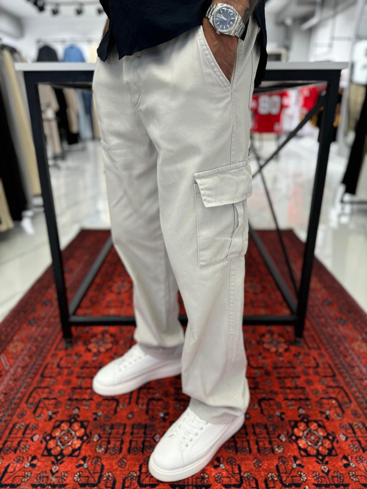 Kargo Cep Baggy Pantolon Beyaz