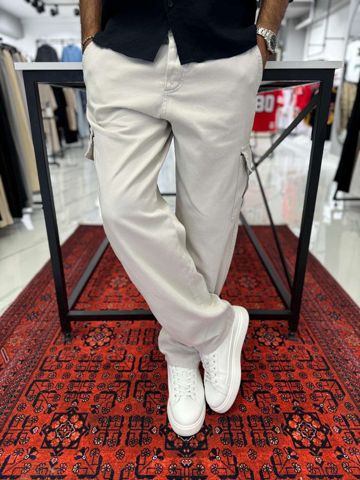 Kargo Cep Baggy Pantolon Beyaz