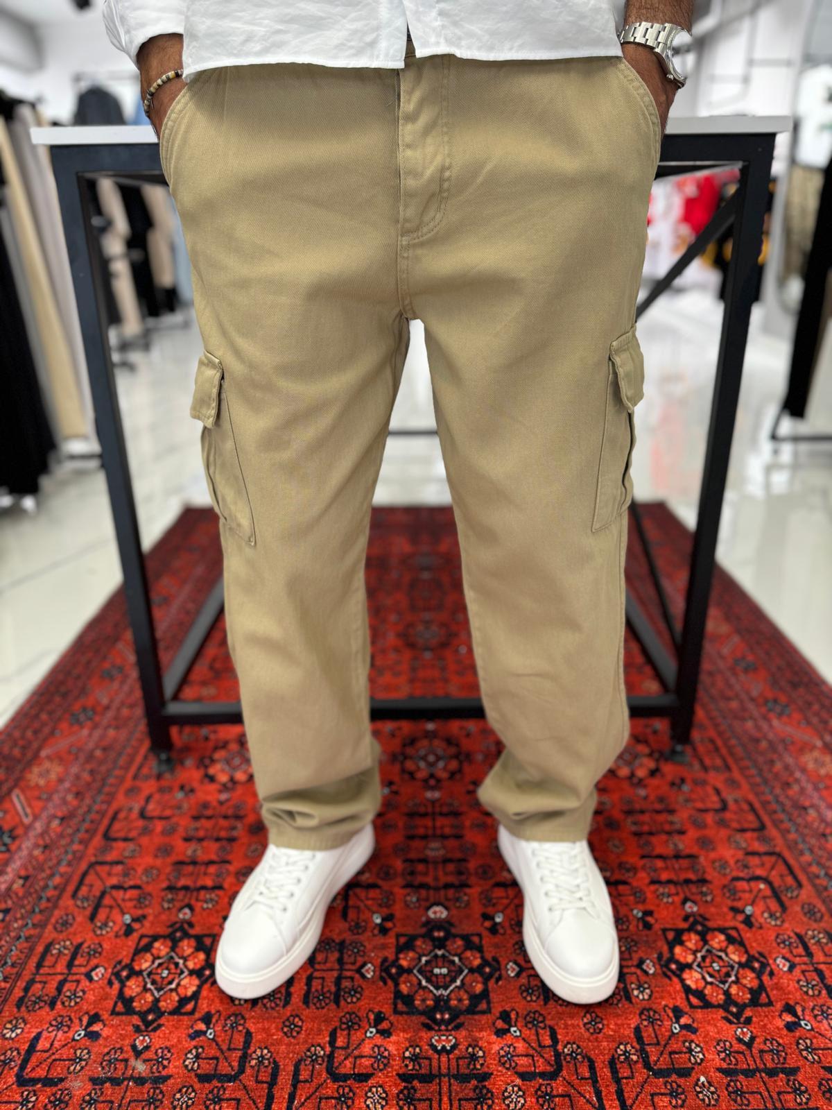 Kargo Cep Baggy Pantolon Krem