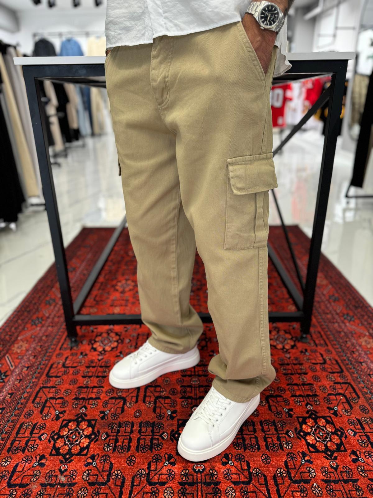 Kargo Cep Baggy Pantolon Krem