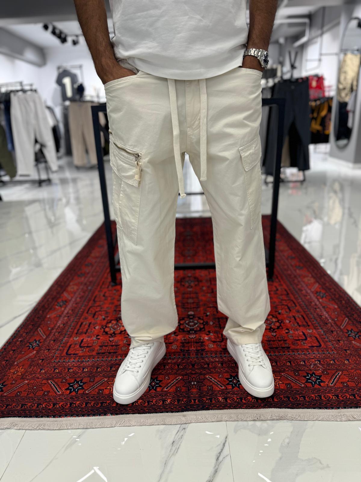 Kargo Cep Gabardin Yıkamalı Kumaş Pantolon Beyaz