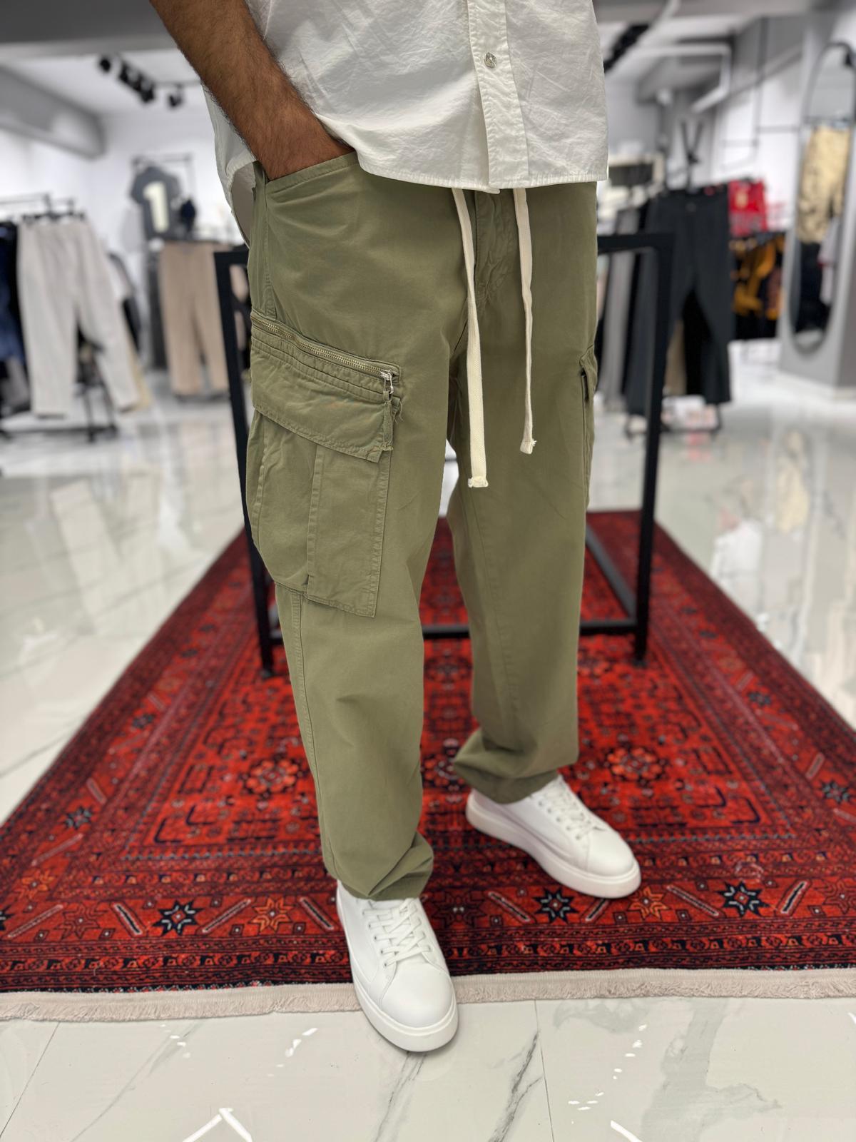 Kargo Cep Gabardin Yıkamalı Kumaş Pantolon Yeşil