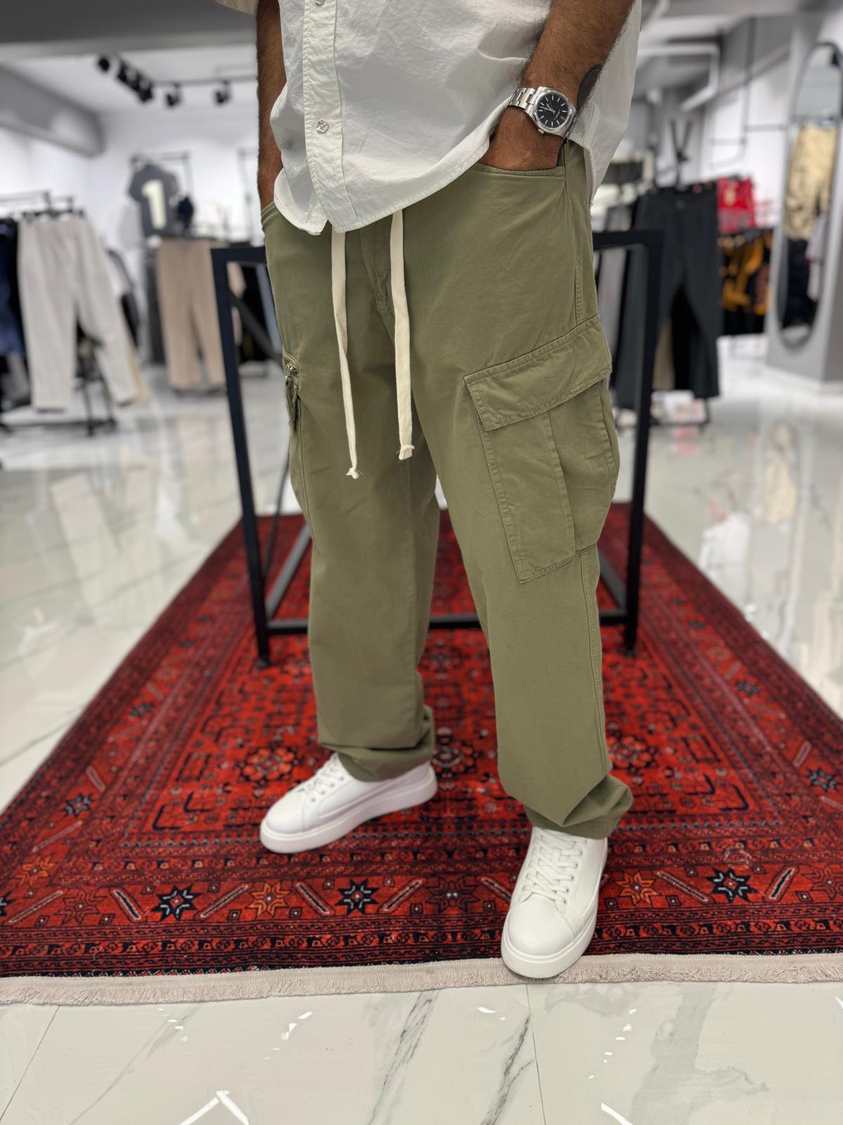Kargo Cep Gabardin Yıkamalı Kumaş Pantolon Yeşil