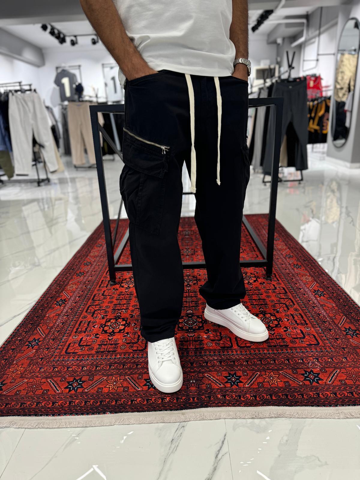 Kargo Cep Gabardin Yıkamalı Kumaş Pantolon Siyah