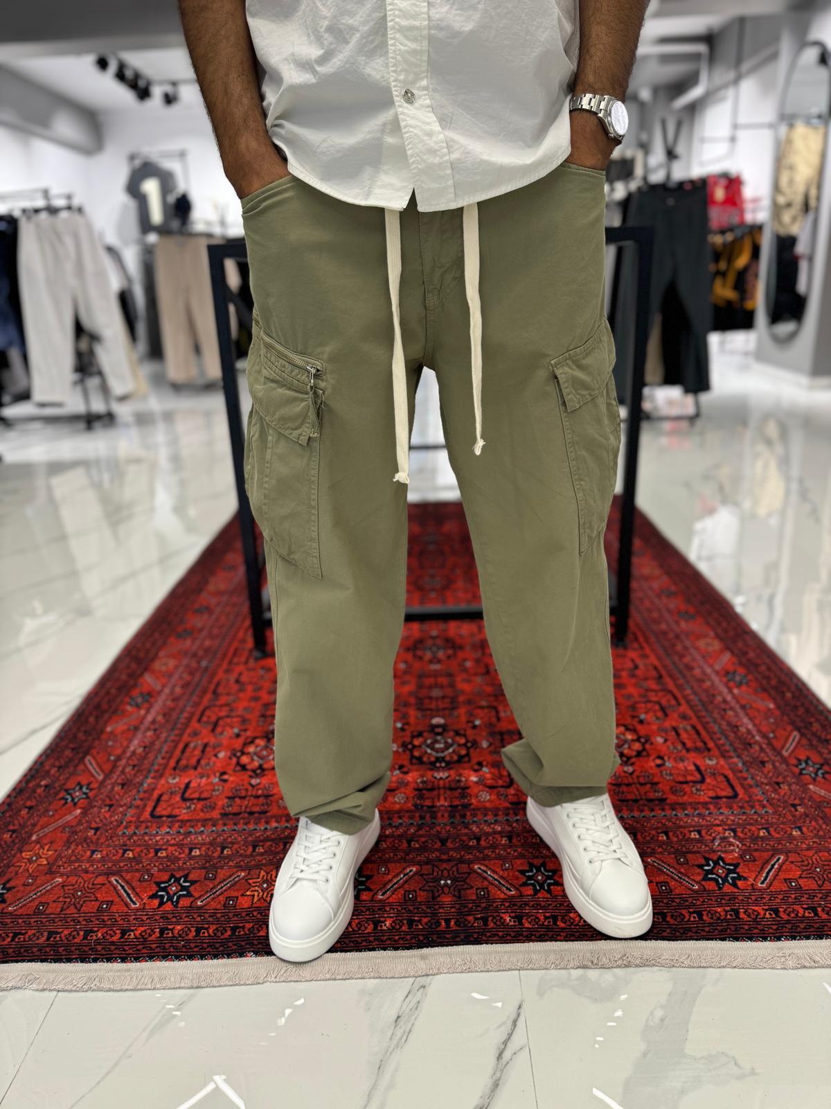 Kargo Cep Gabardin Yıkamalı Kumaş Pantolon Yeşil