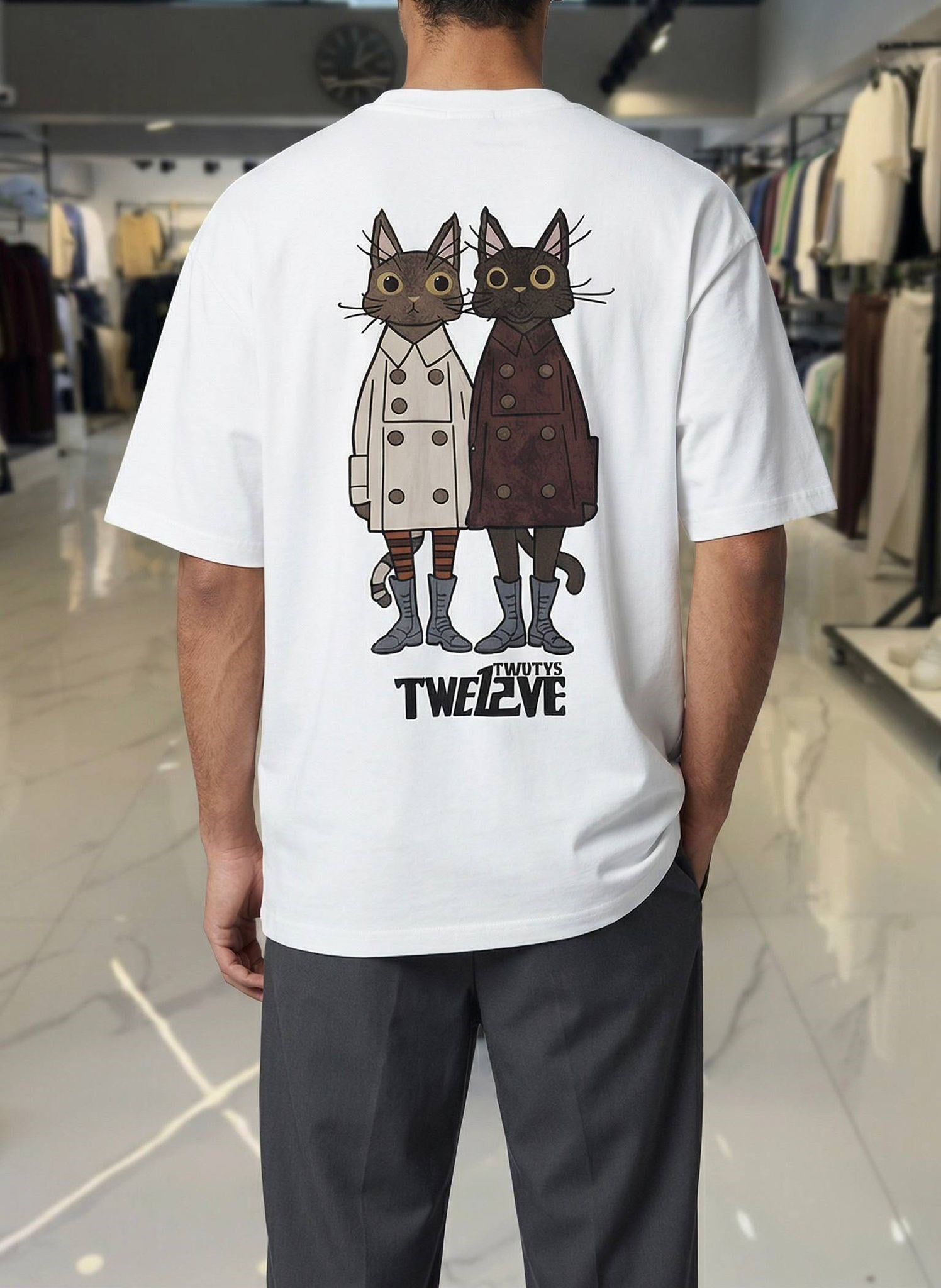 Kedi Full Nakış Oversize Tişört Beyaz