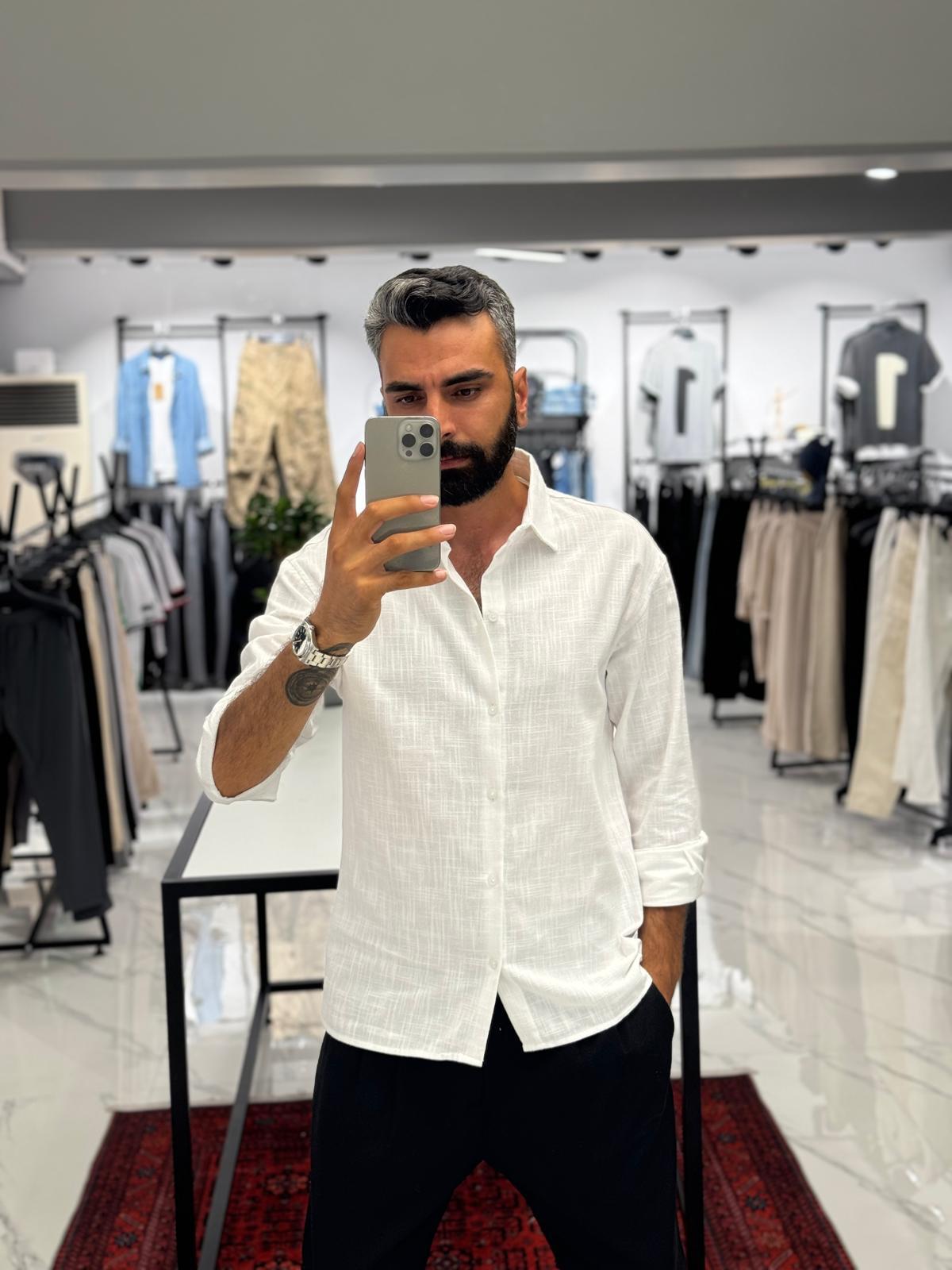 Keten Kumaş Gömlek Beyaz