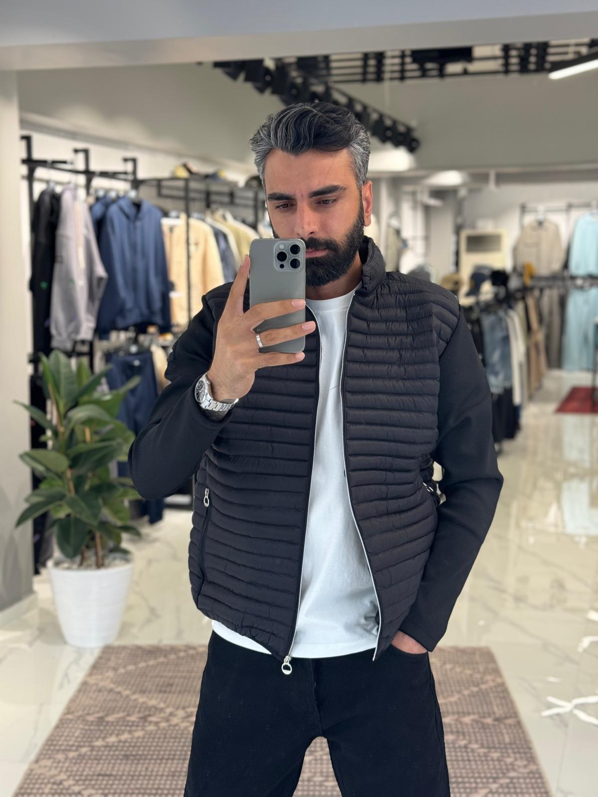 Kol Kumaş Şişme Mont Siyah