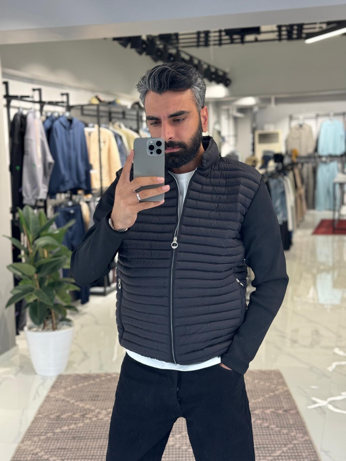Kol Kumaş Şişme Mont Siyah