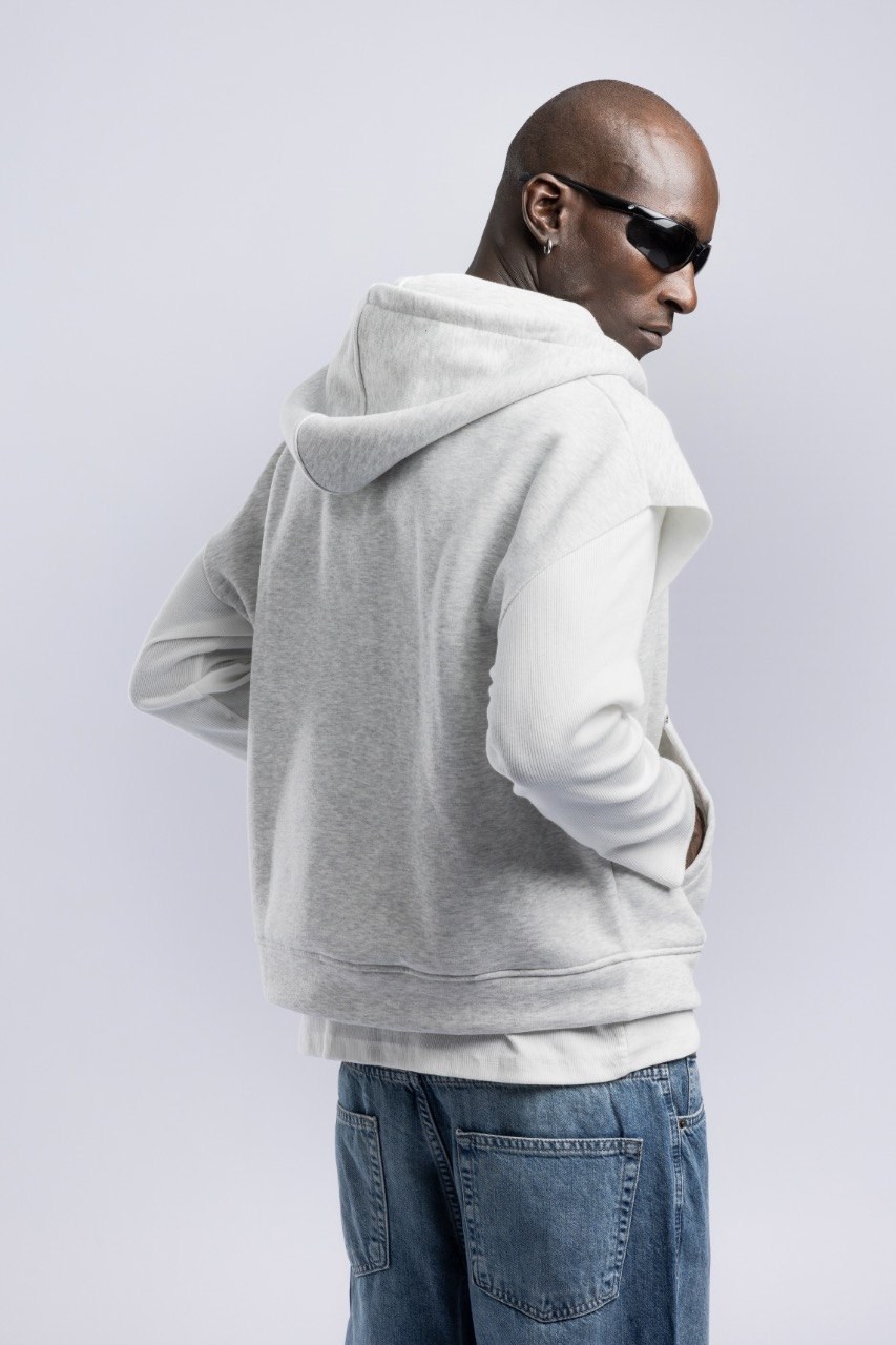 Kolsuz Kapüşonlu Fermuarlı Sweatshirt Gri
