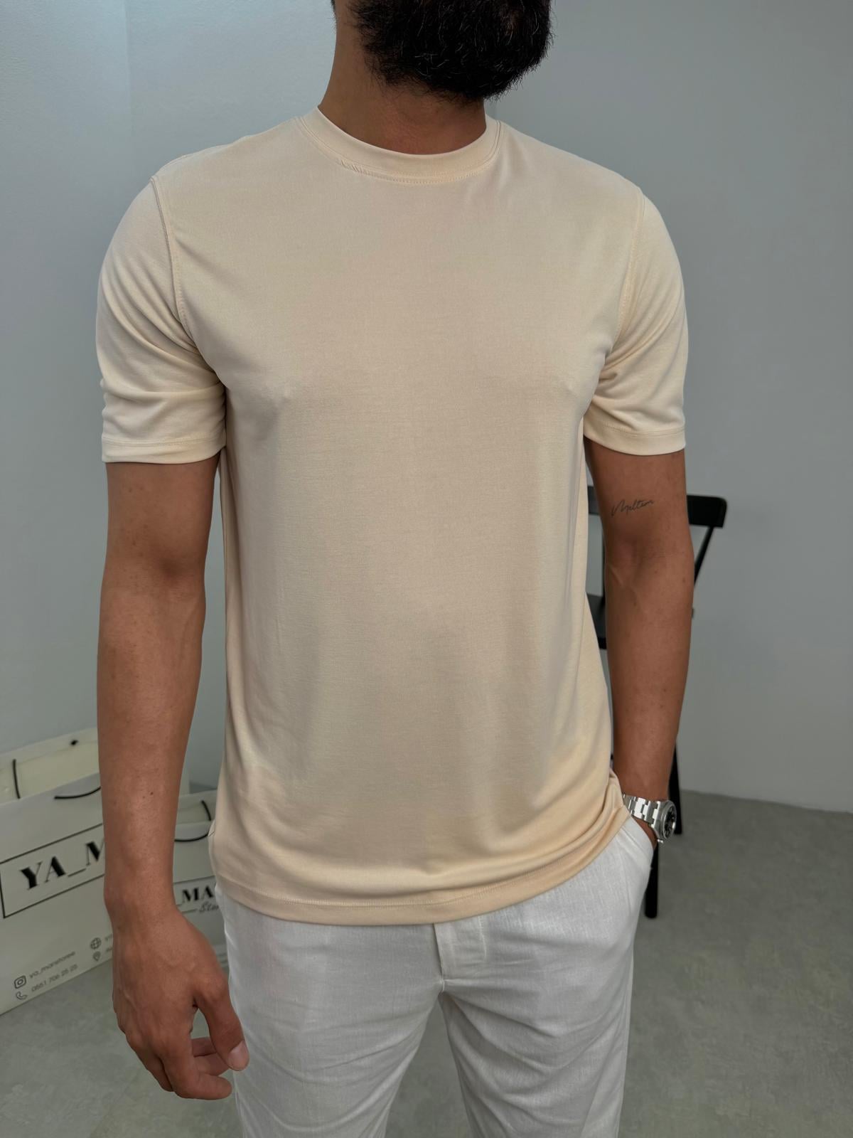 Modal Kumaş Likralı Basic T-Shirt Bej
