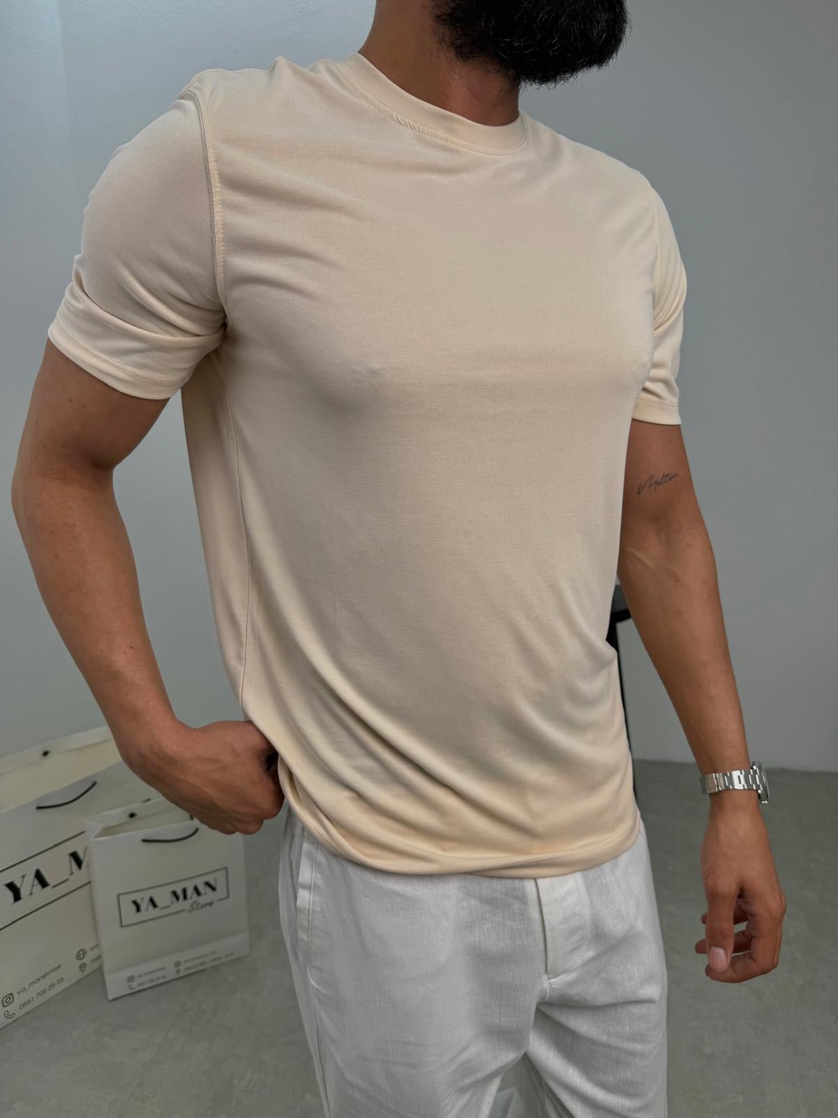 Modal Kumaş Likralı Basic T-Shirt Bej