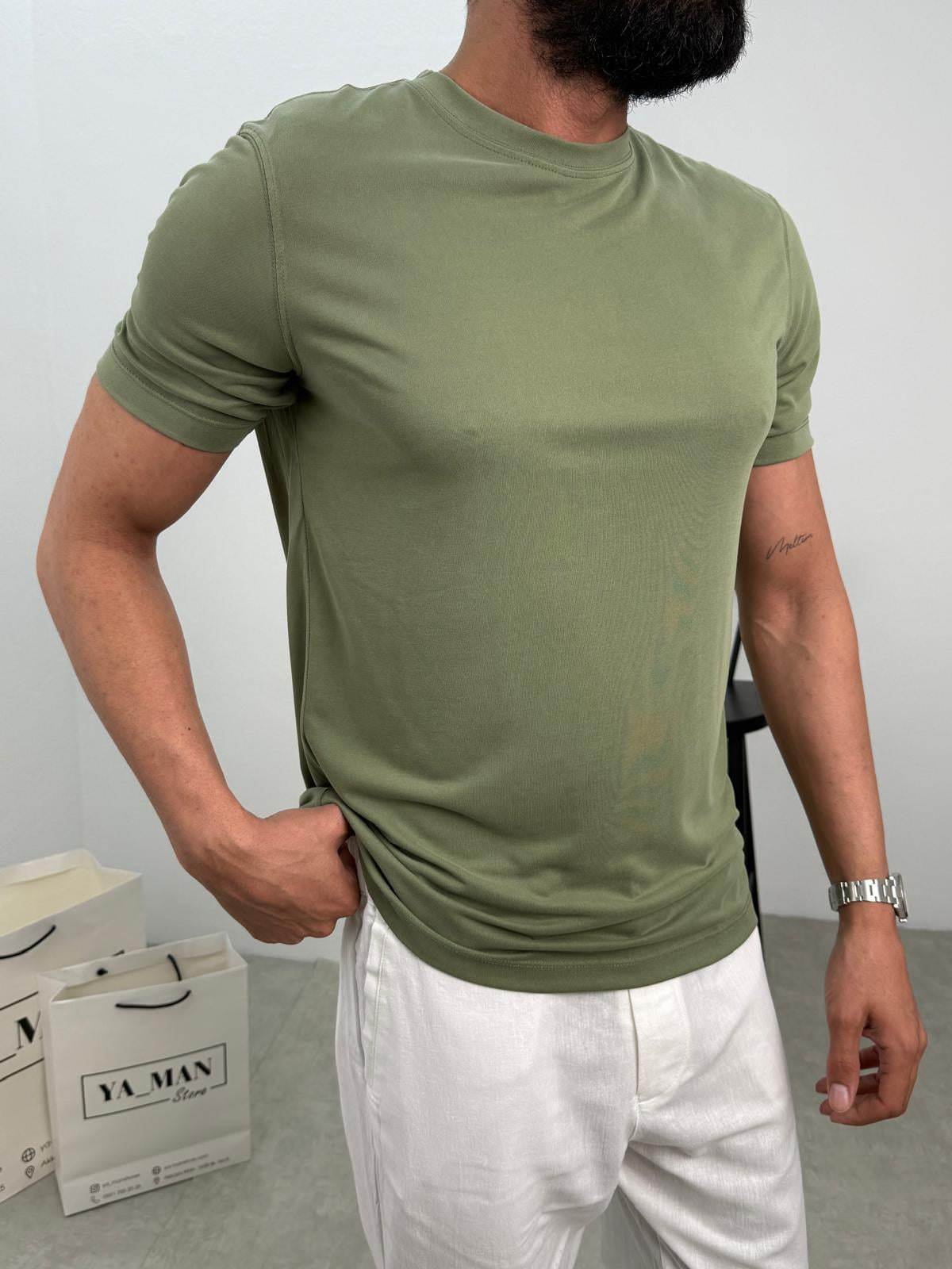 Modal Kumaş Likralı Basic T-Shirt Haki