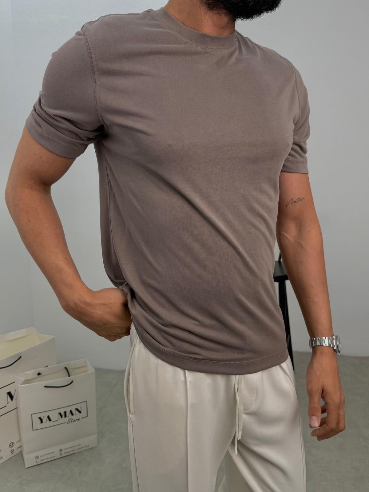 Modal Kumaş Likralı Basic T-Shirt Kahve