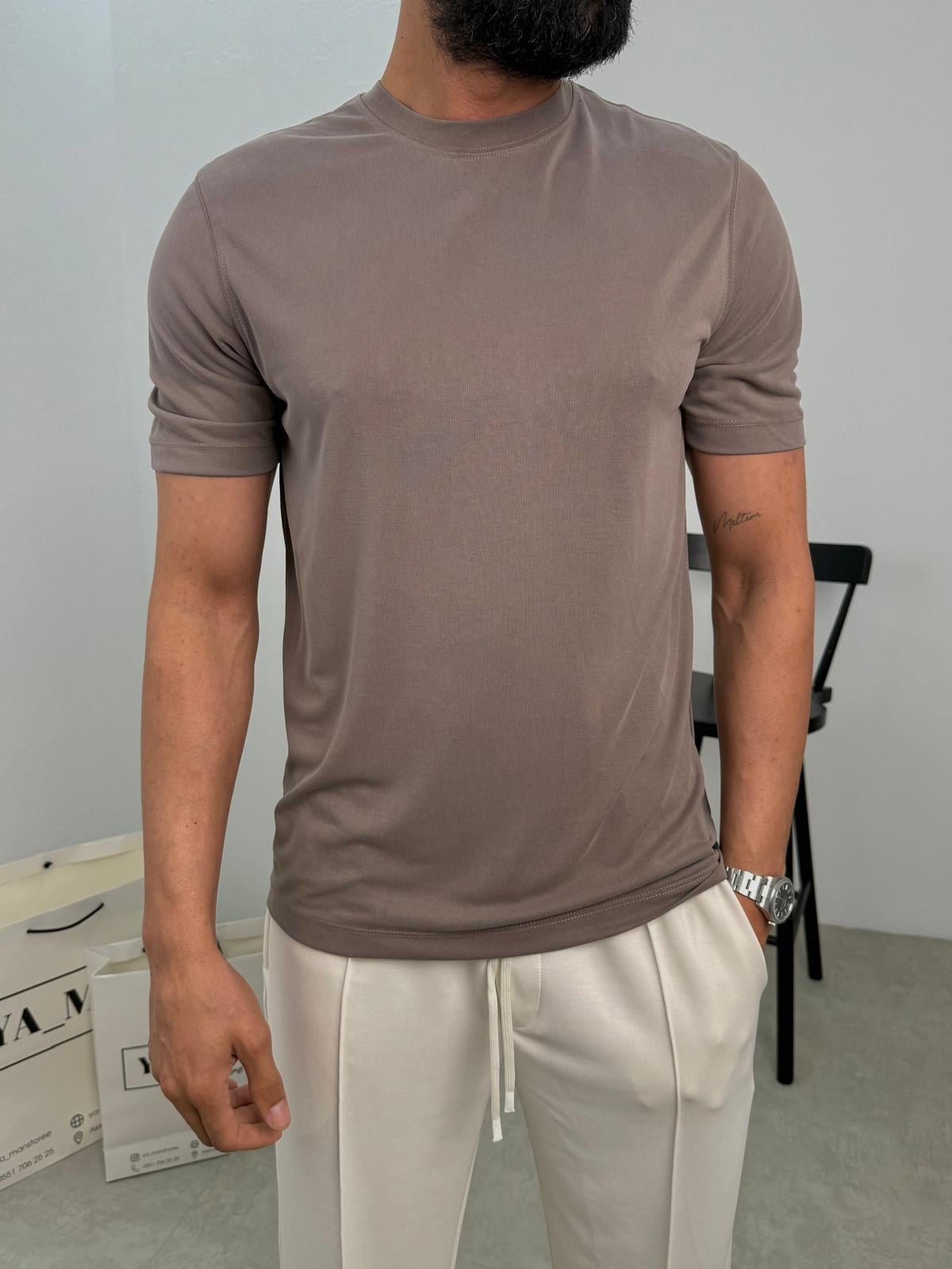 Modal Kumaş Likralı Basic T-Shirt Kahve