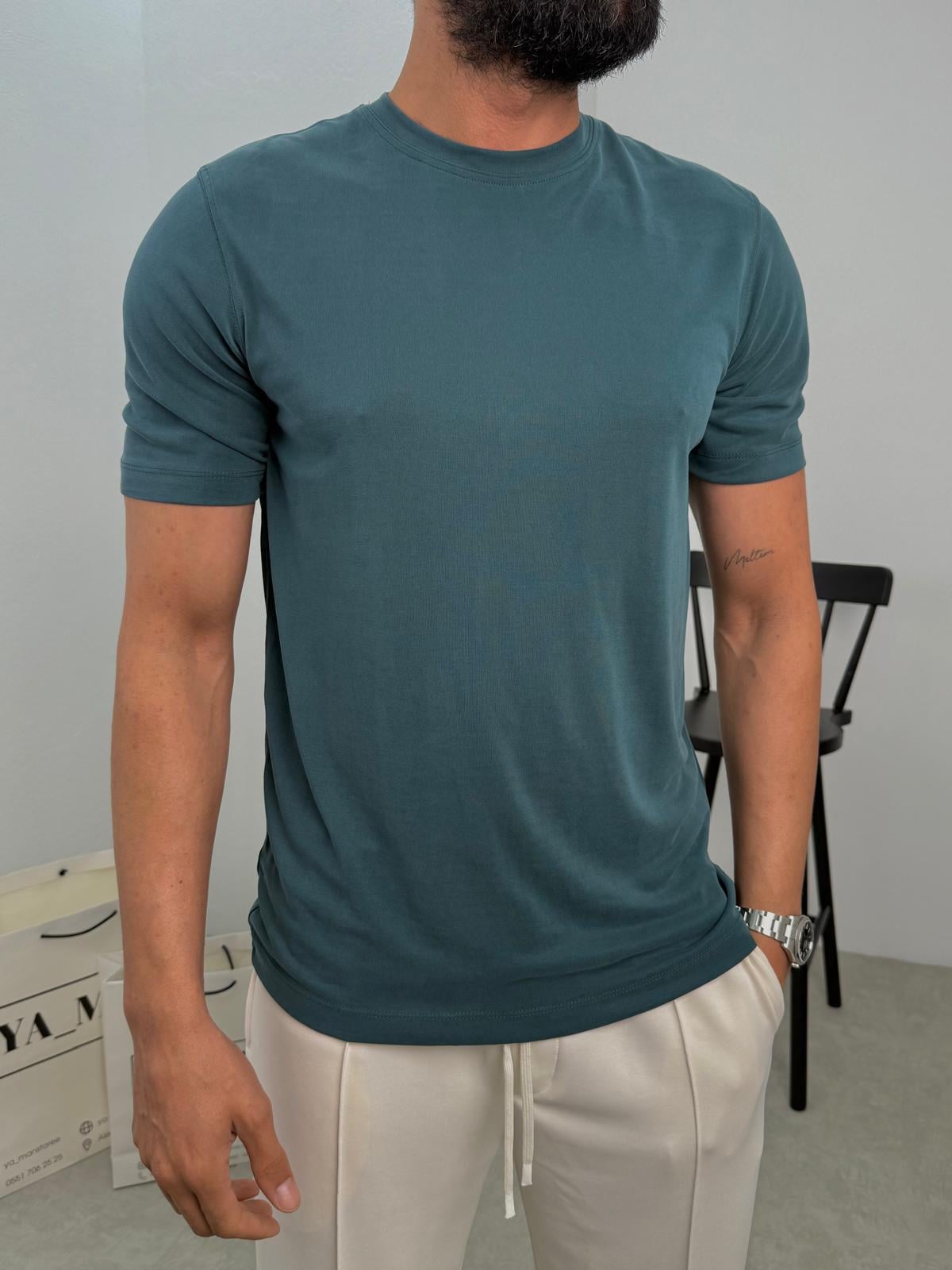 Modal Kumaş Likralı Basic T-Shirt Petrol