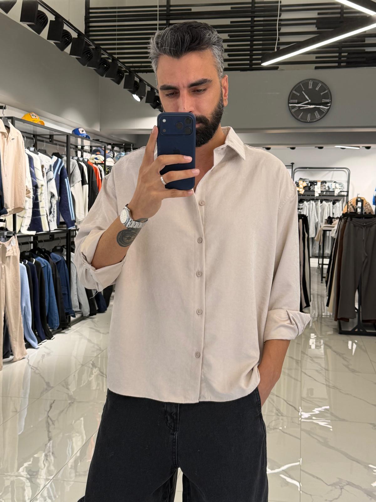 Modal Kumaş Oversize Gömlek Bej