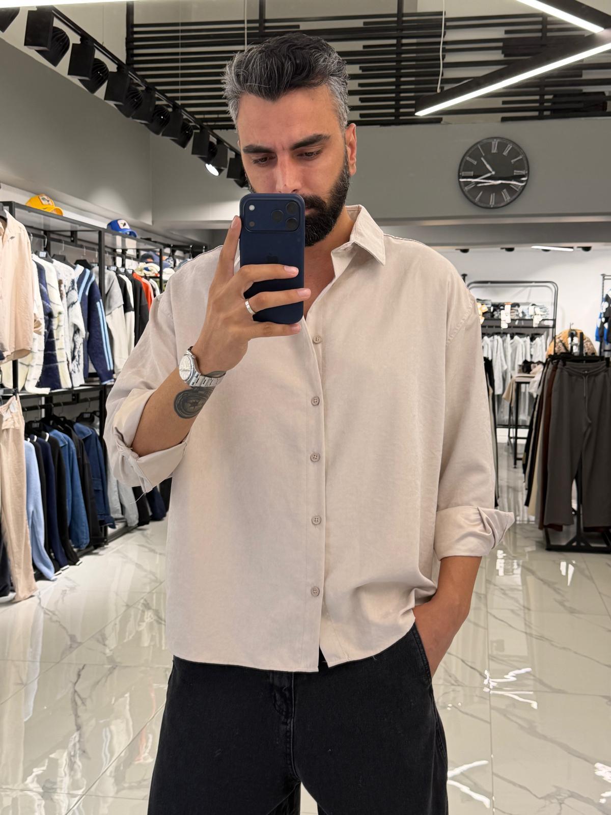 Modal Kumaş Oversize Gömlek Bej