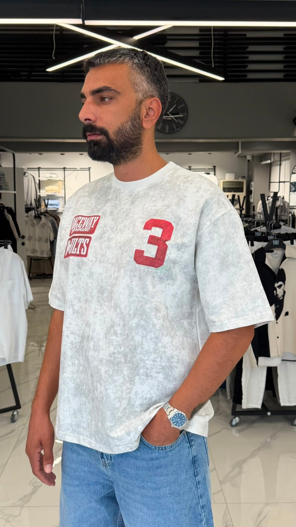 Number 3 Detaylı Tişört Oversize Ekru