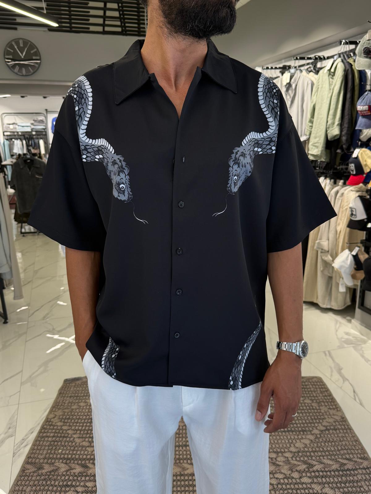 Oversize Baskılı Gömlek Siyah