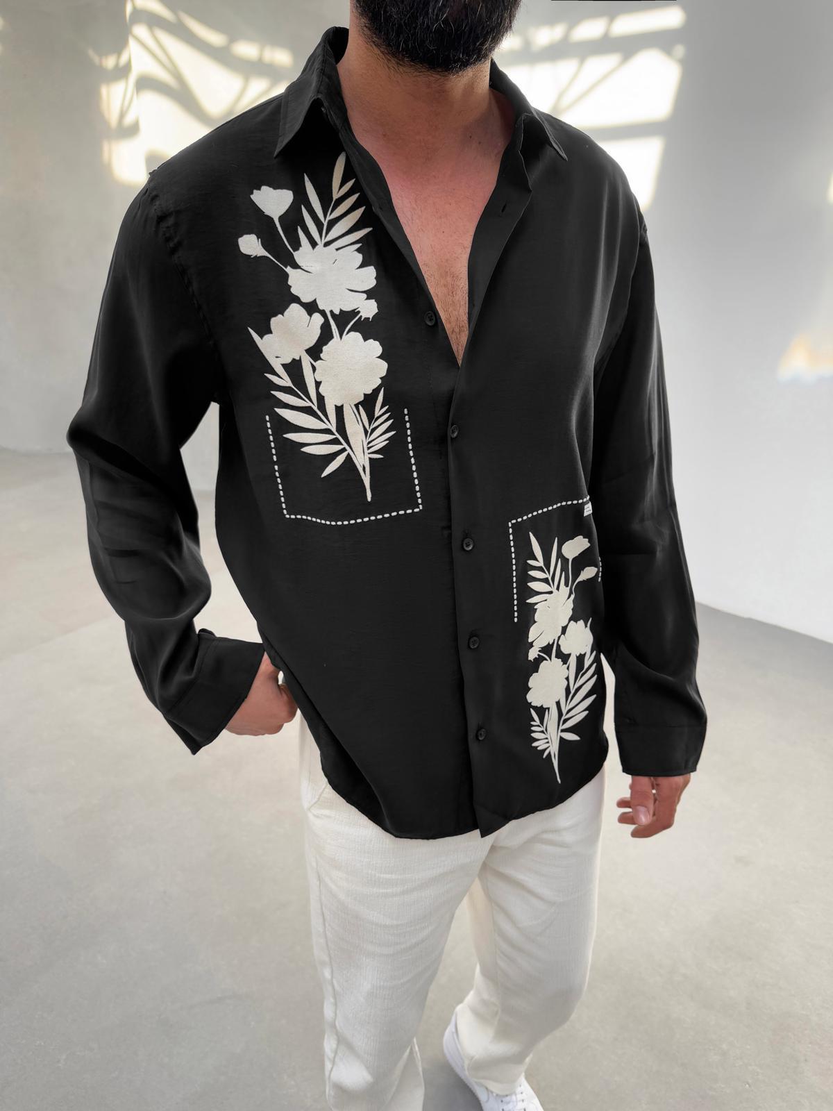 Oversize Çiçek Baskılı Gömlek Siyah