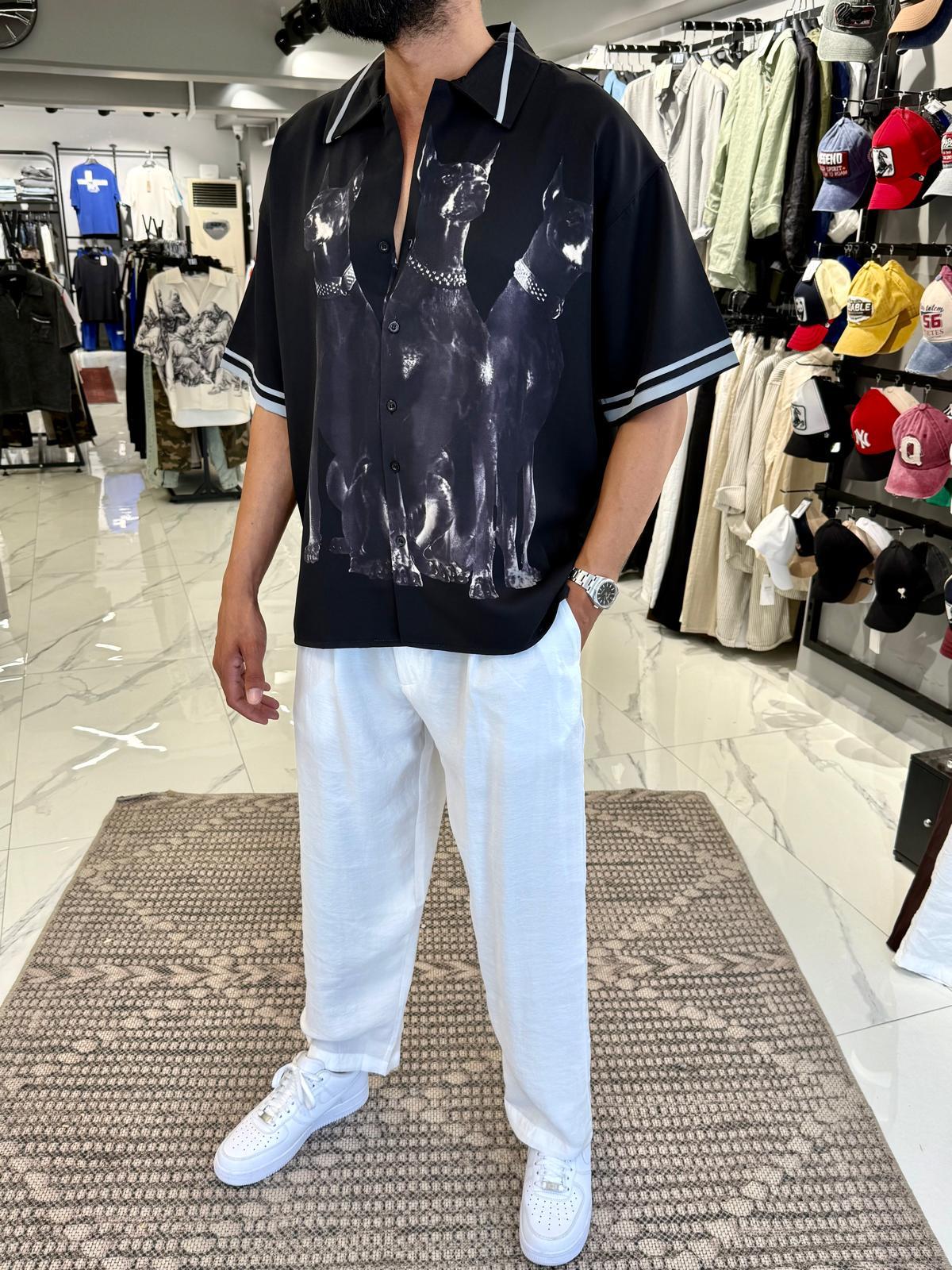 Oversize Doberman Baskılı Gömlek Siyah