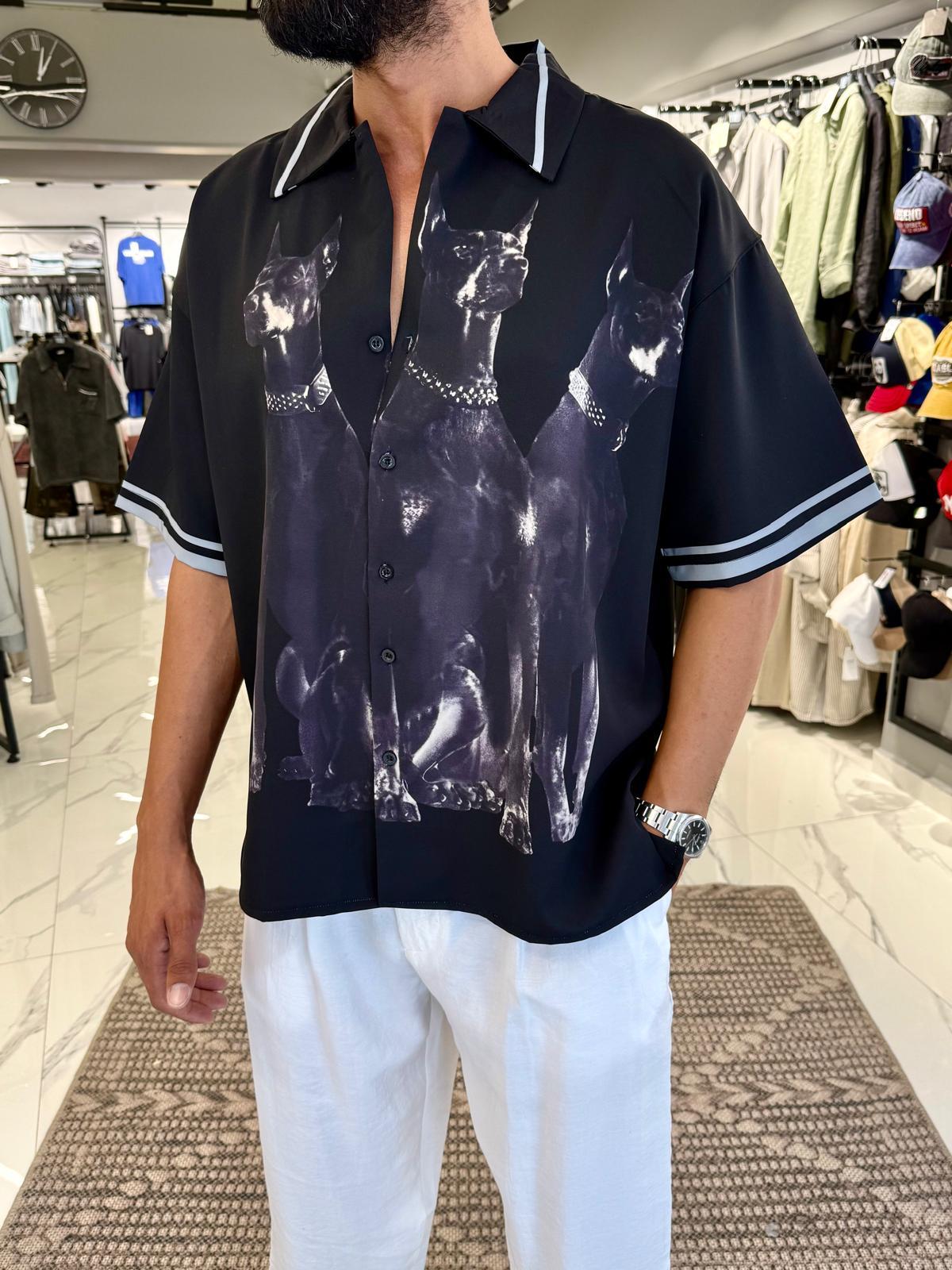 Oversize Doberman Baskılı Gömlek Siyah