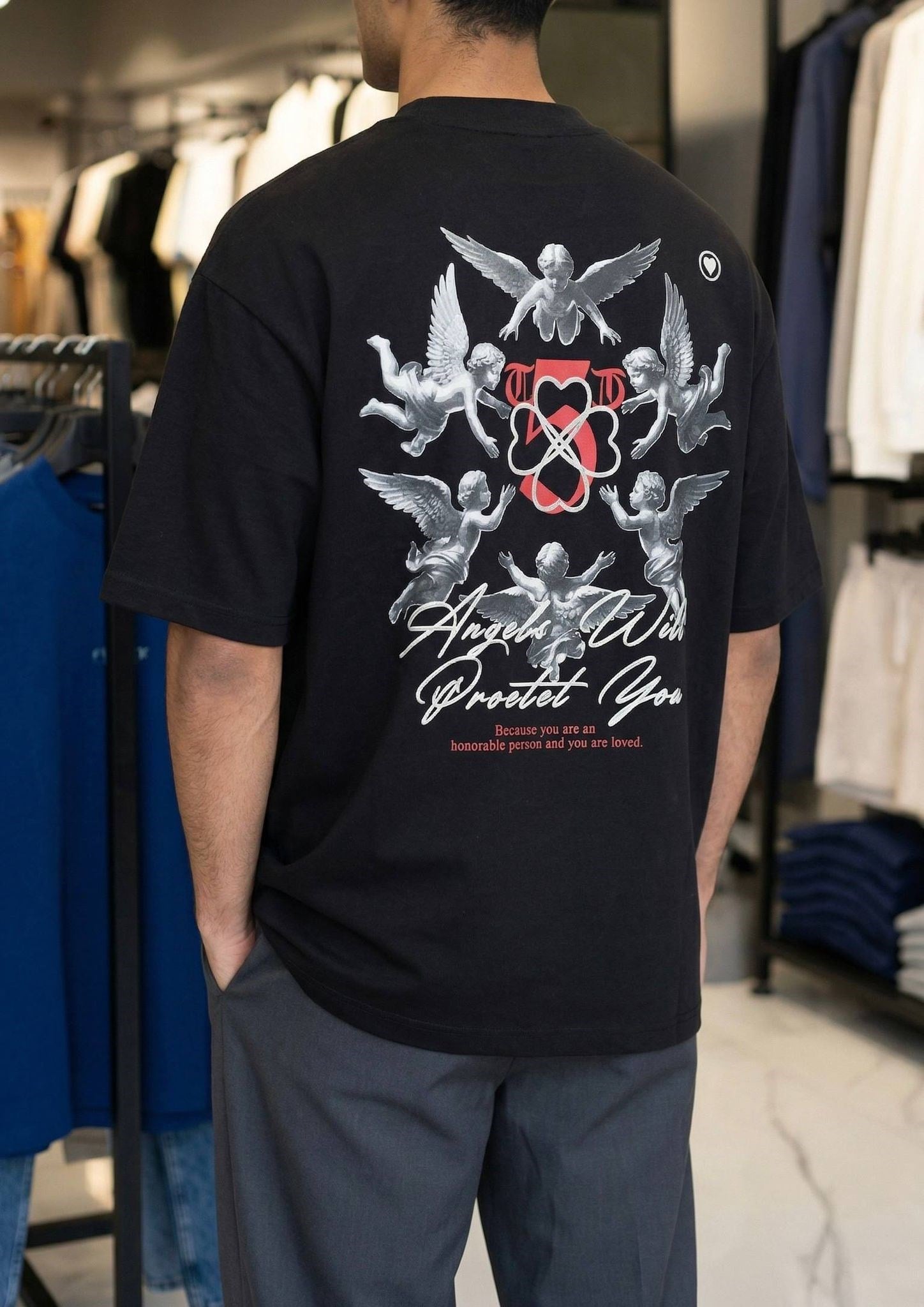 Oversize Flok Baskılı Angels Tişört Siyah