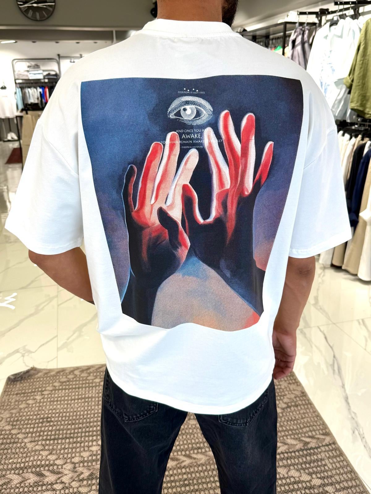 Oversize Kalıp Baskılı Tişört Beyaz