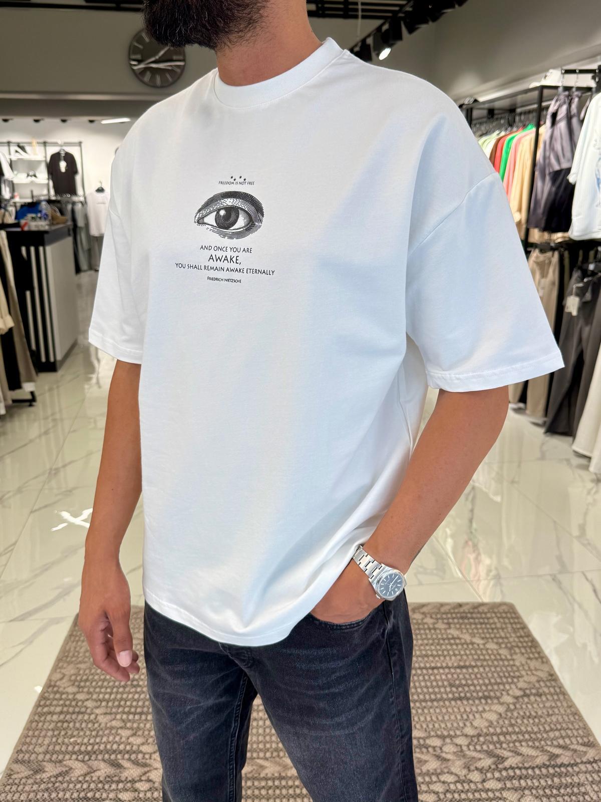 Oversize Kalıp Baskılı Tişört Beyaz