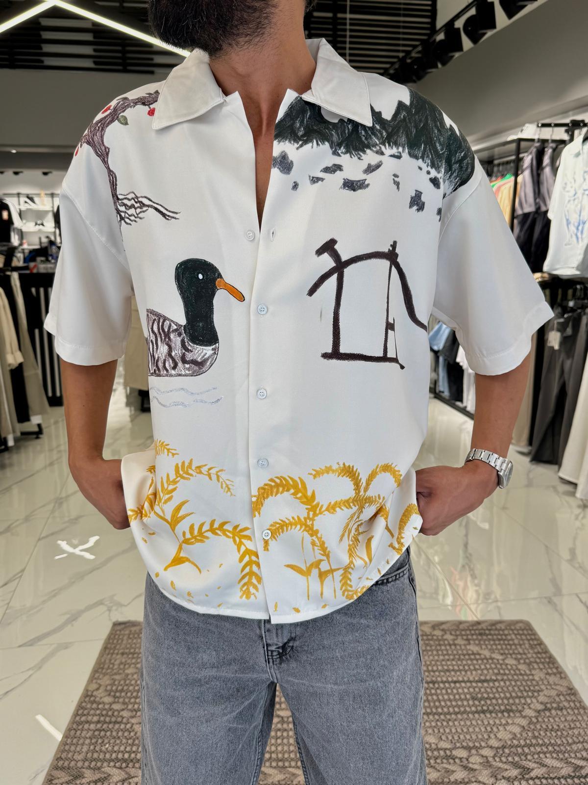 Oversize Kalıp Desenli Gömlek Krem