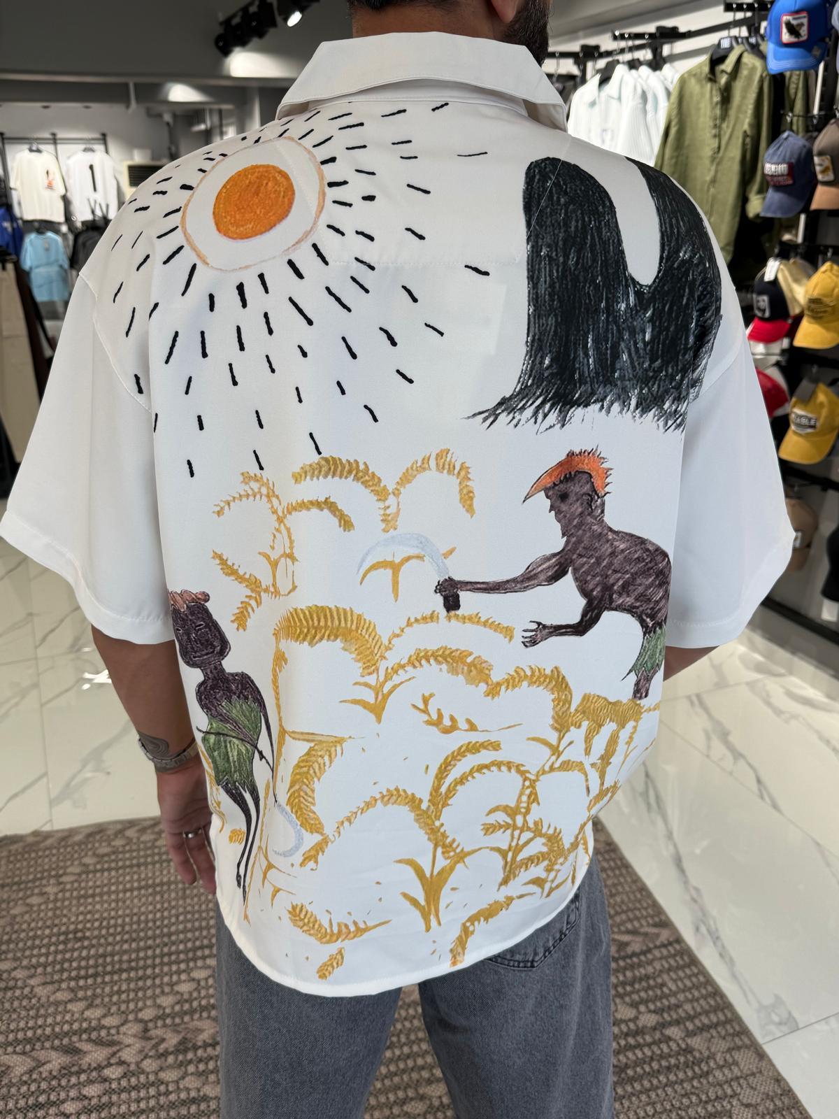 Oversize Kalıp Desenli Gömlek Krem