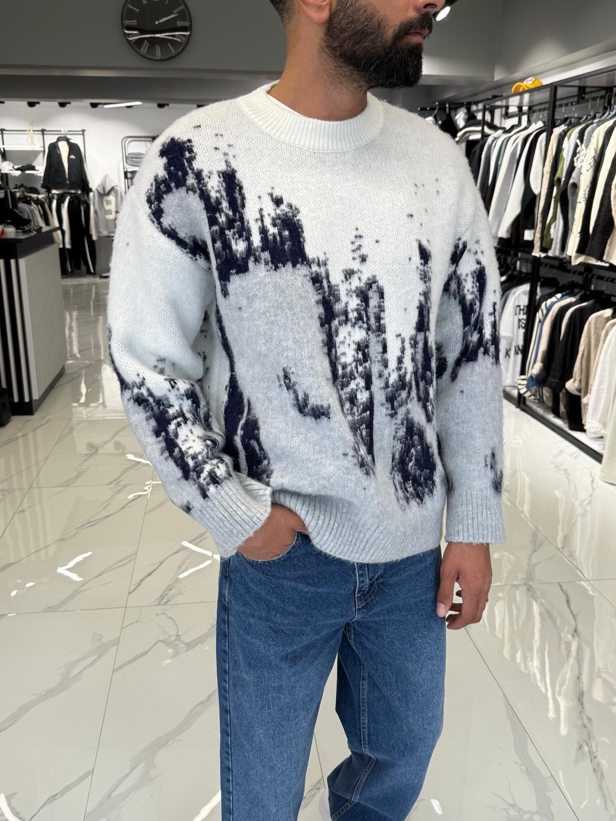Oversize Renkli Triko Kazak Beyaz
