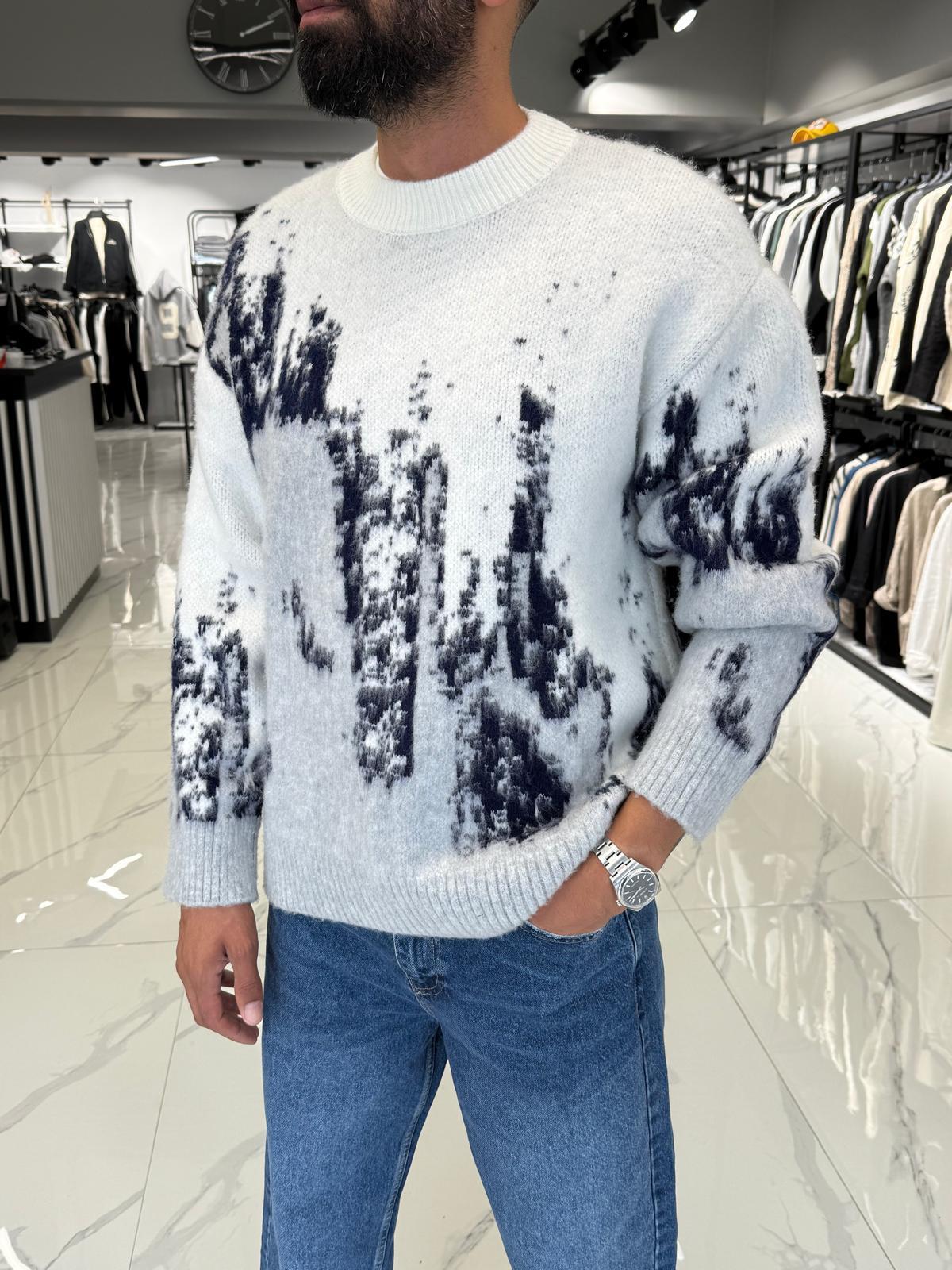 Oversize Renkli Triko Kazak Beyaz