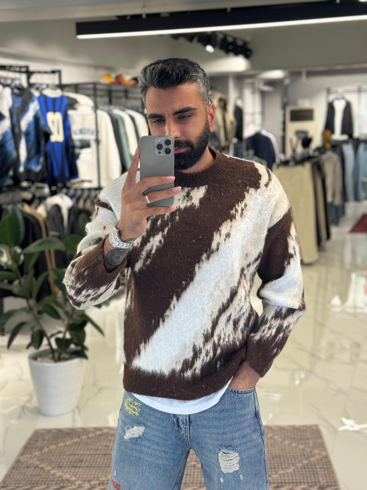 Oversize Renkli Triko Kazak Kahve