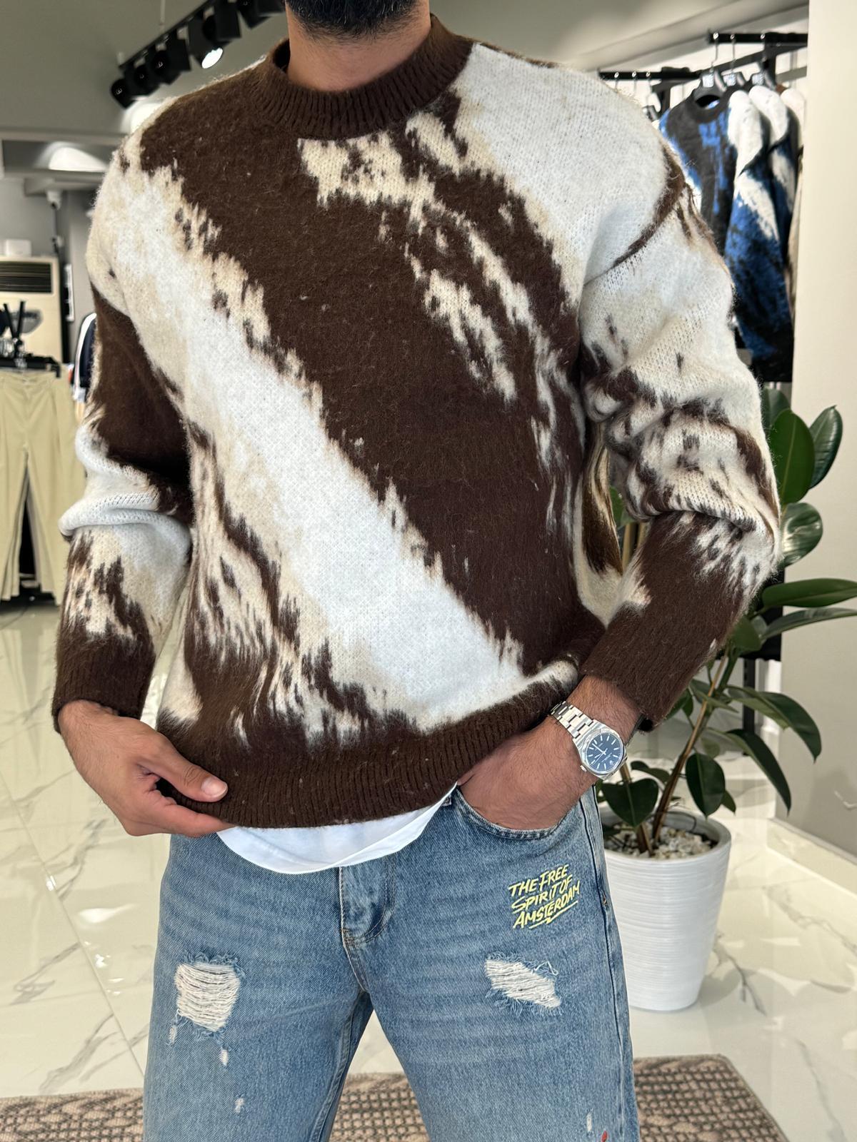 Oversize Renkli Triko Kazak Kahve