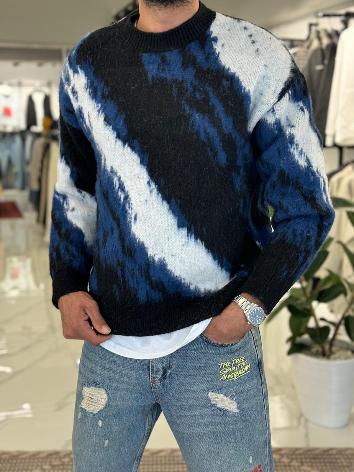Oversize Renkli Triko Kazak Mavi